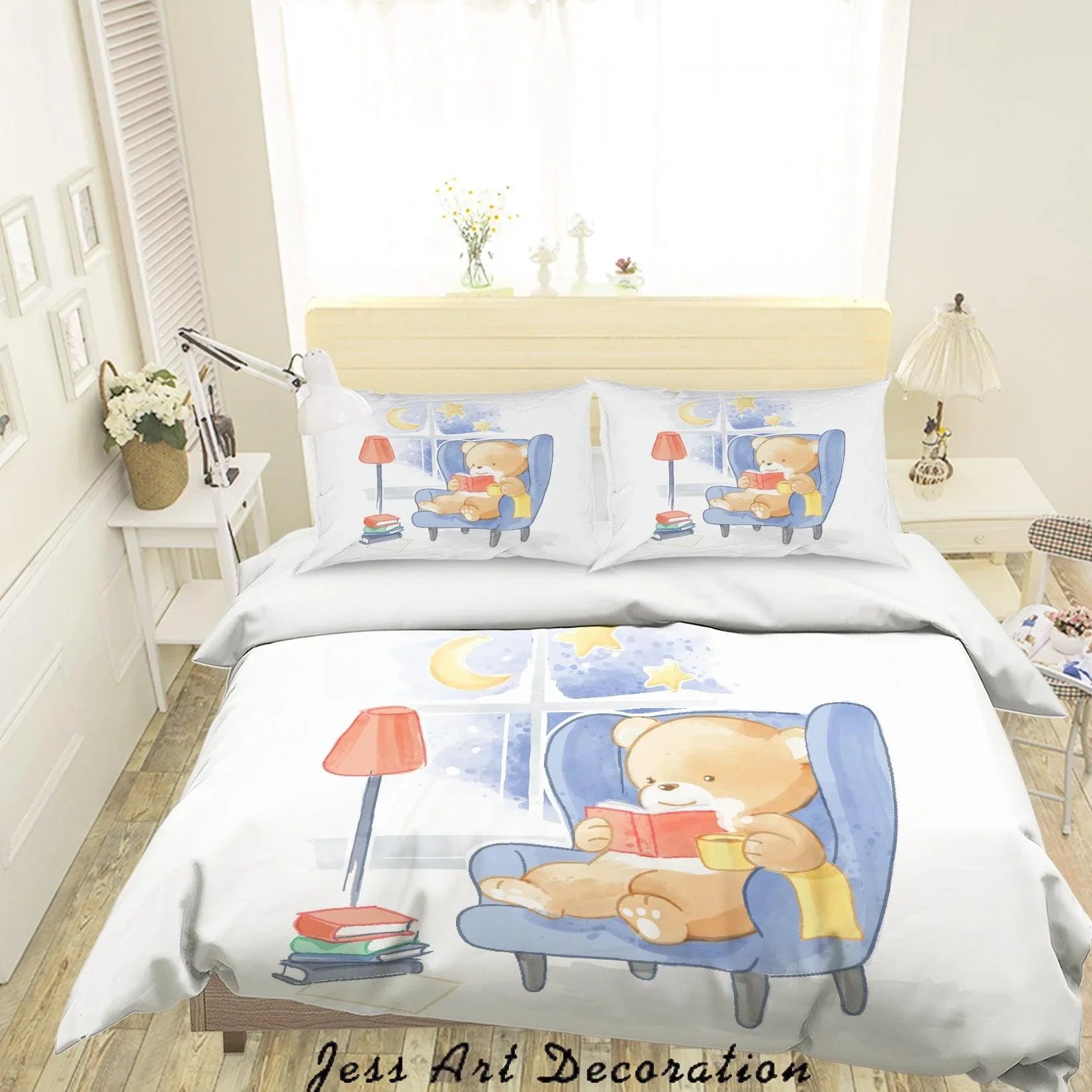 3D Cartoon Bear Reading Quilt Cover Set Bedding Set Duvet Cover Pillowcases SF40- Jess Art Decoration