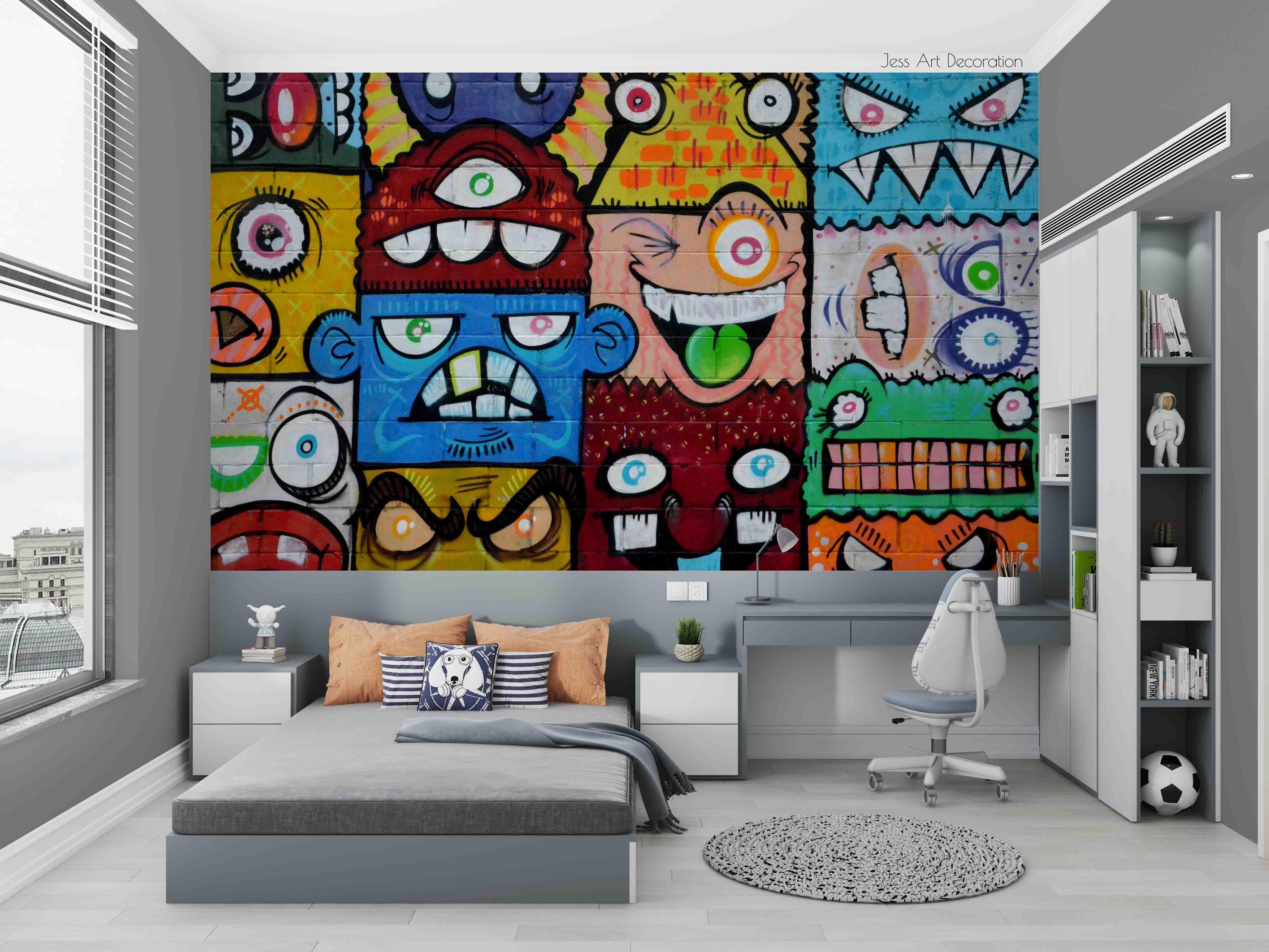 3D Strange Face Graffiti colourful strange face graffiti wall mural wallpaper for kids room