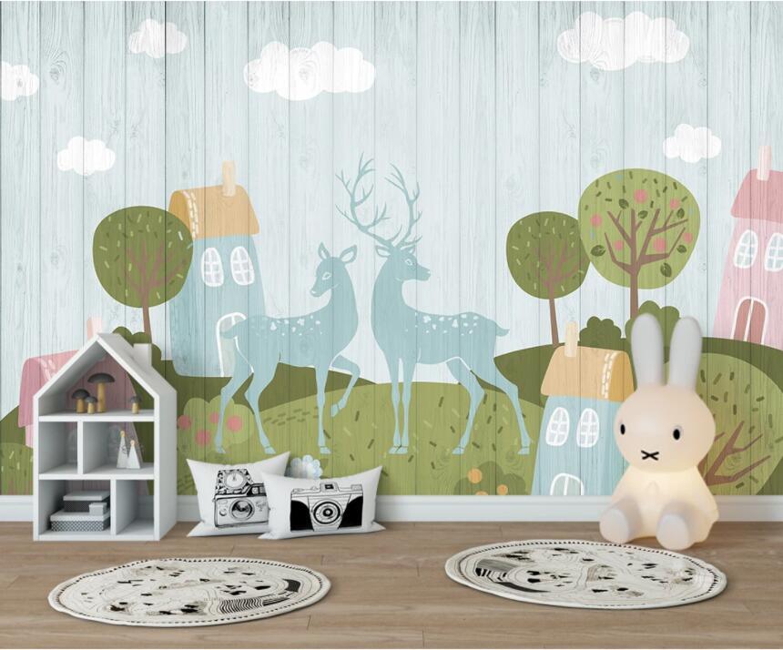 3D Board Elk House Trees Wall Mural Wallpaper 1649- Jess Art Decoration