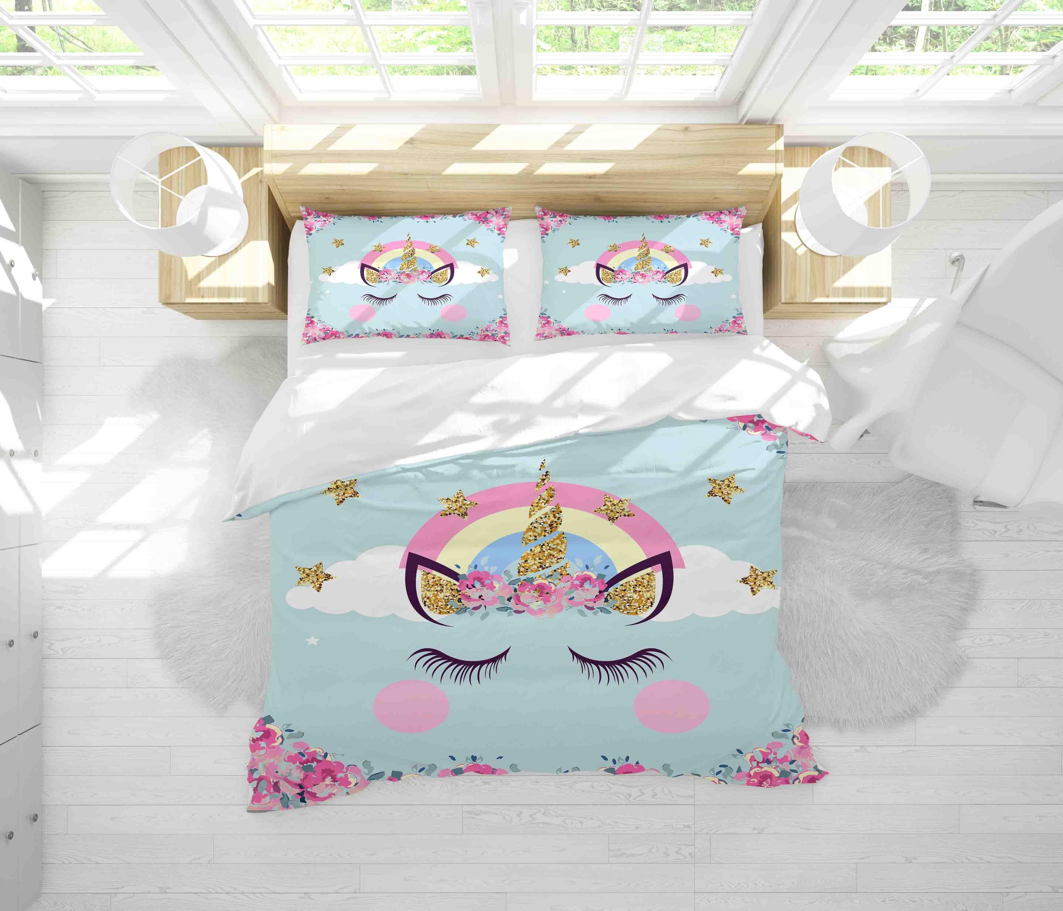 3D Blue Floral Rainbow Unicorn Quilt Cover Set Bedding Set Pillowcases 86- Jess Art Decoration