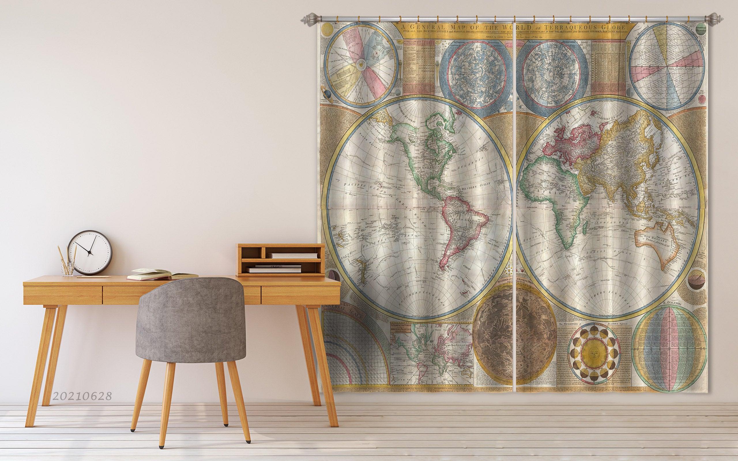 3D Retro World Map Curtains and Drapes LQH 209- Jess Art Decoration