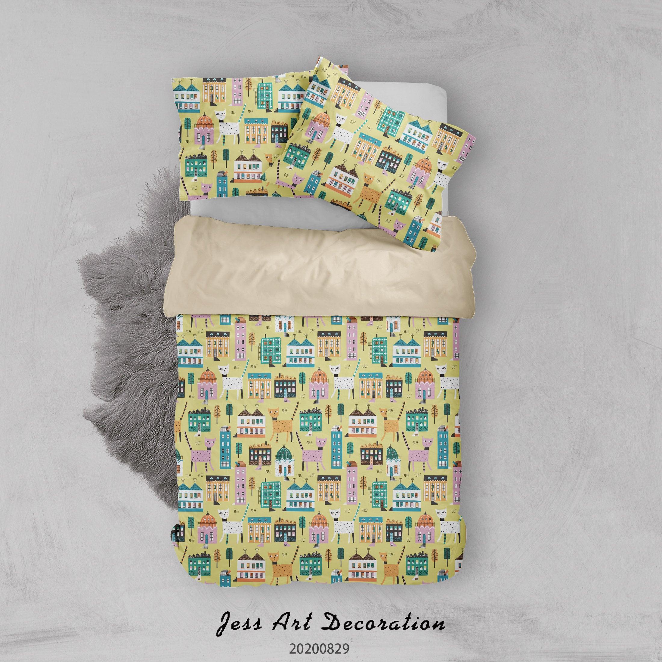 3D Abstract Hand Draw Cartoon Nature Cat House Pattern Quilt Cover Set Bedding Set Duvet Cover Pillowcases WJ 3516- Jess Art Decoration