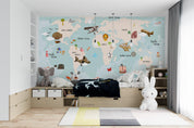 3D Cartoon Vehicle Animal World Map Background Wall Mural Wallpaper GD 1968- Jess Art Decoration