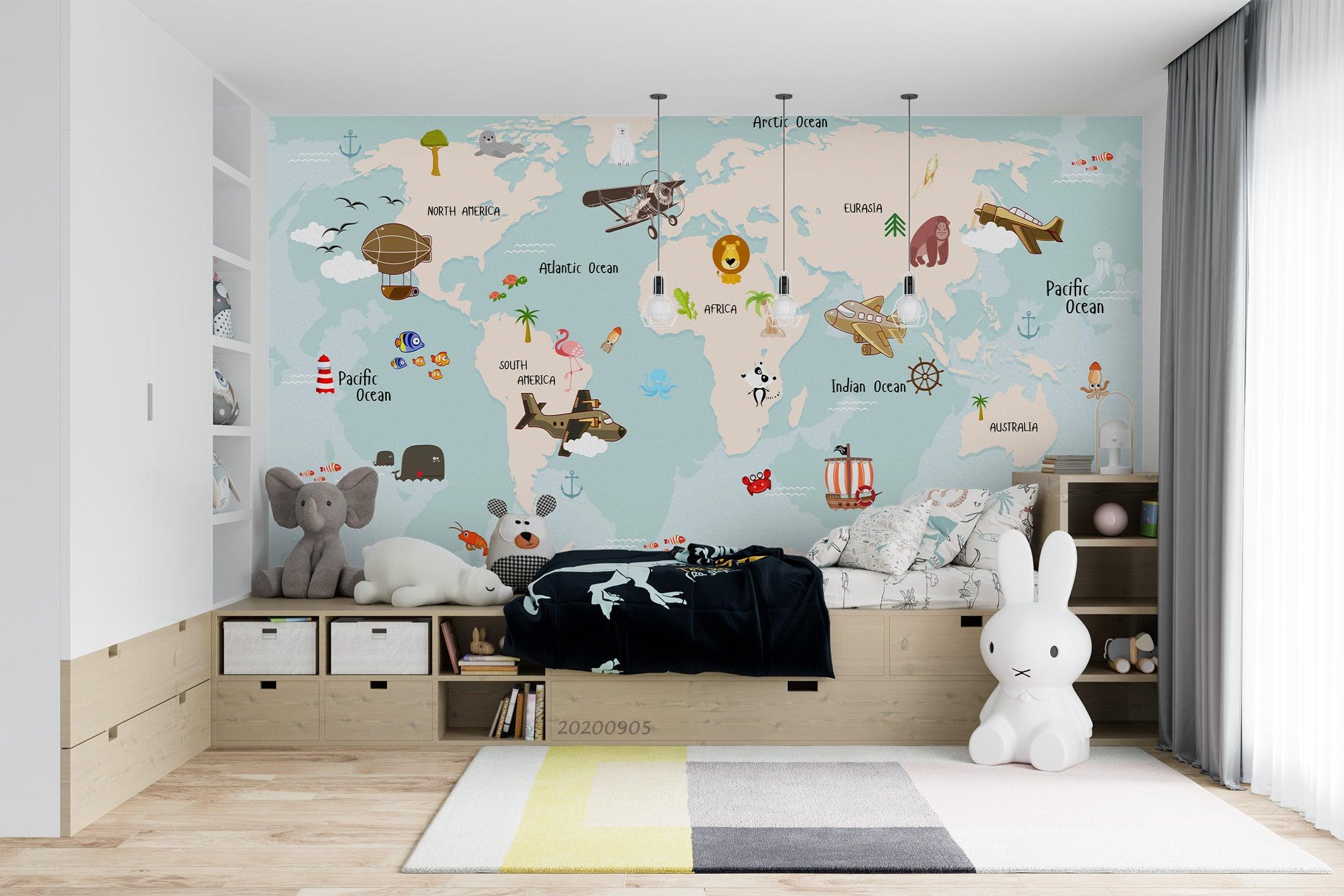 3D Cartoon Vehicle Animal World Map Background Wall Mural Wallpaper GD 1968- Jess Art Decoration