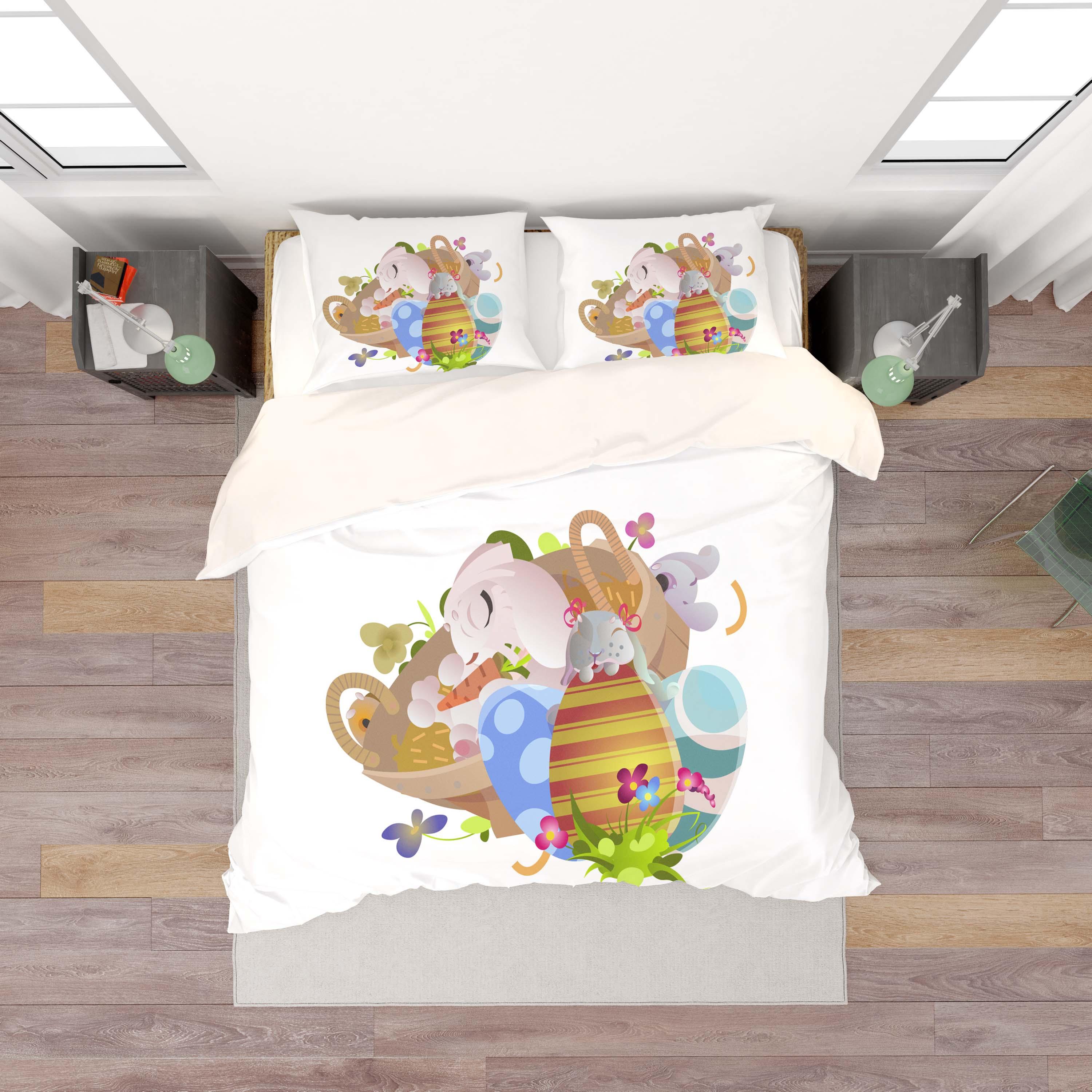 3D White Rabbit Floral Basket Eggs Quilt Cover Set Bedding Set Duvet Cover Pillowcases SF33- Jess Art Decoration
