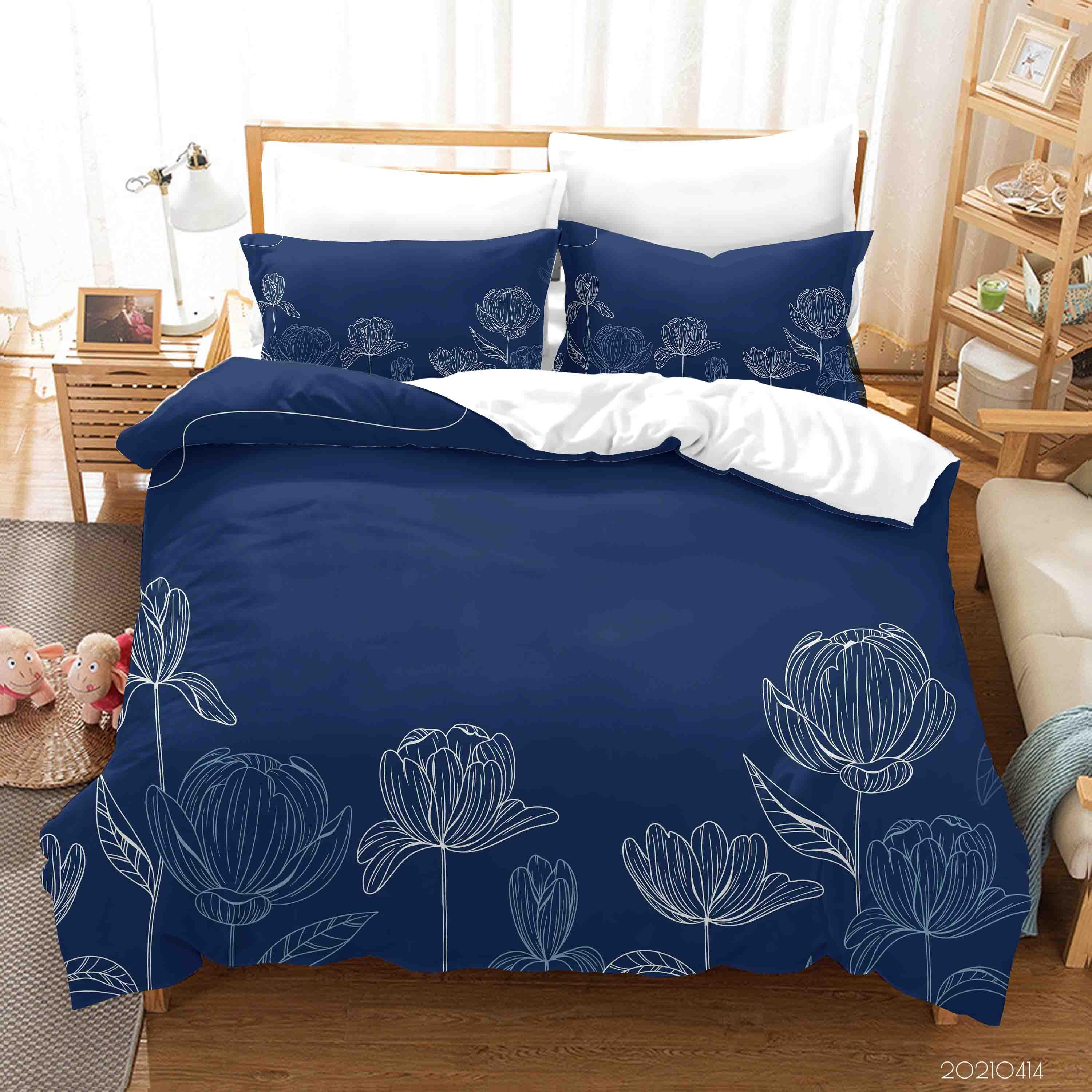3D Hand Drawn Blue Lotus Floral Quilt Cover Set Bedding Set Duvet Cover Pillowcases 50- Jess Art Decoration