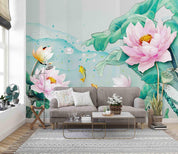 3D New Chinese Style Pink Lotus Leaf Pearl Gold Carp Wall Mural Wallpaper GD 2820- Jess Art Decoration