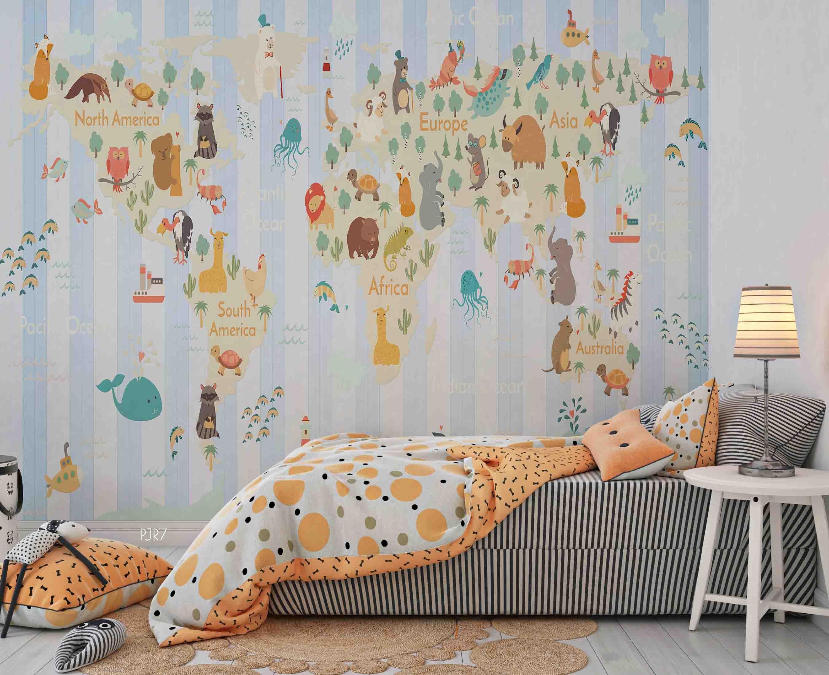 3D World Map Cartoon Animal Wall Mural Wallpaper WJ 6722- Jess Art Decoration