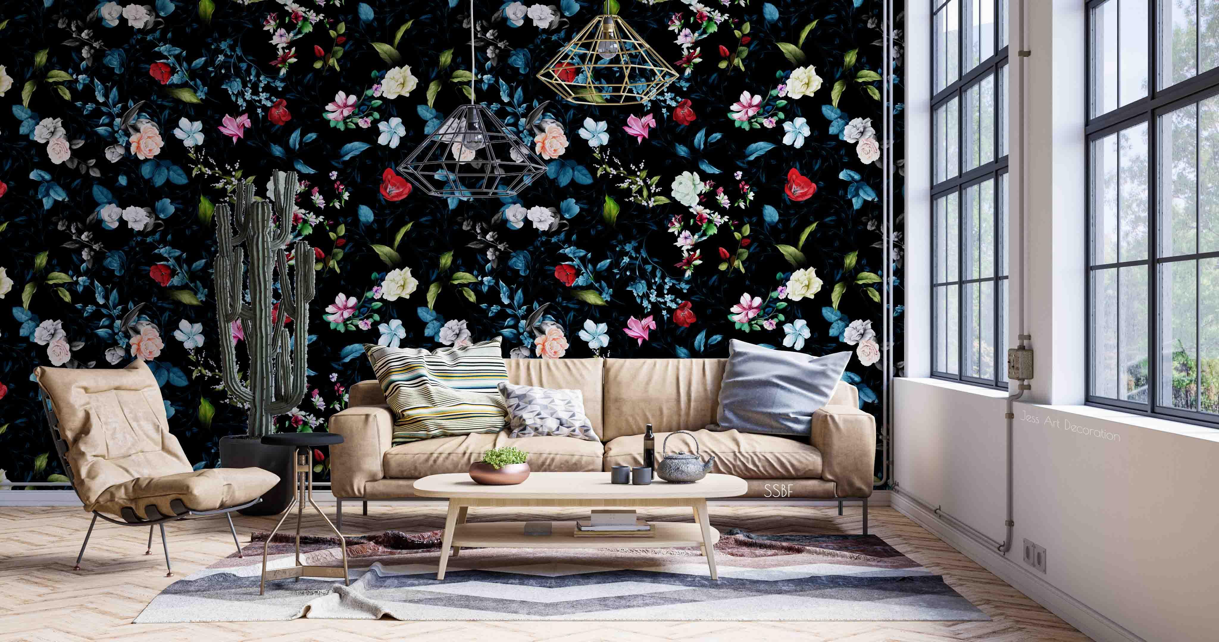 3D Vintage Idyllic Flowers Black Background Wall Mural Wallpaper GD 3607- Jess Art Decoration