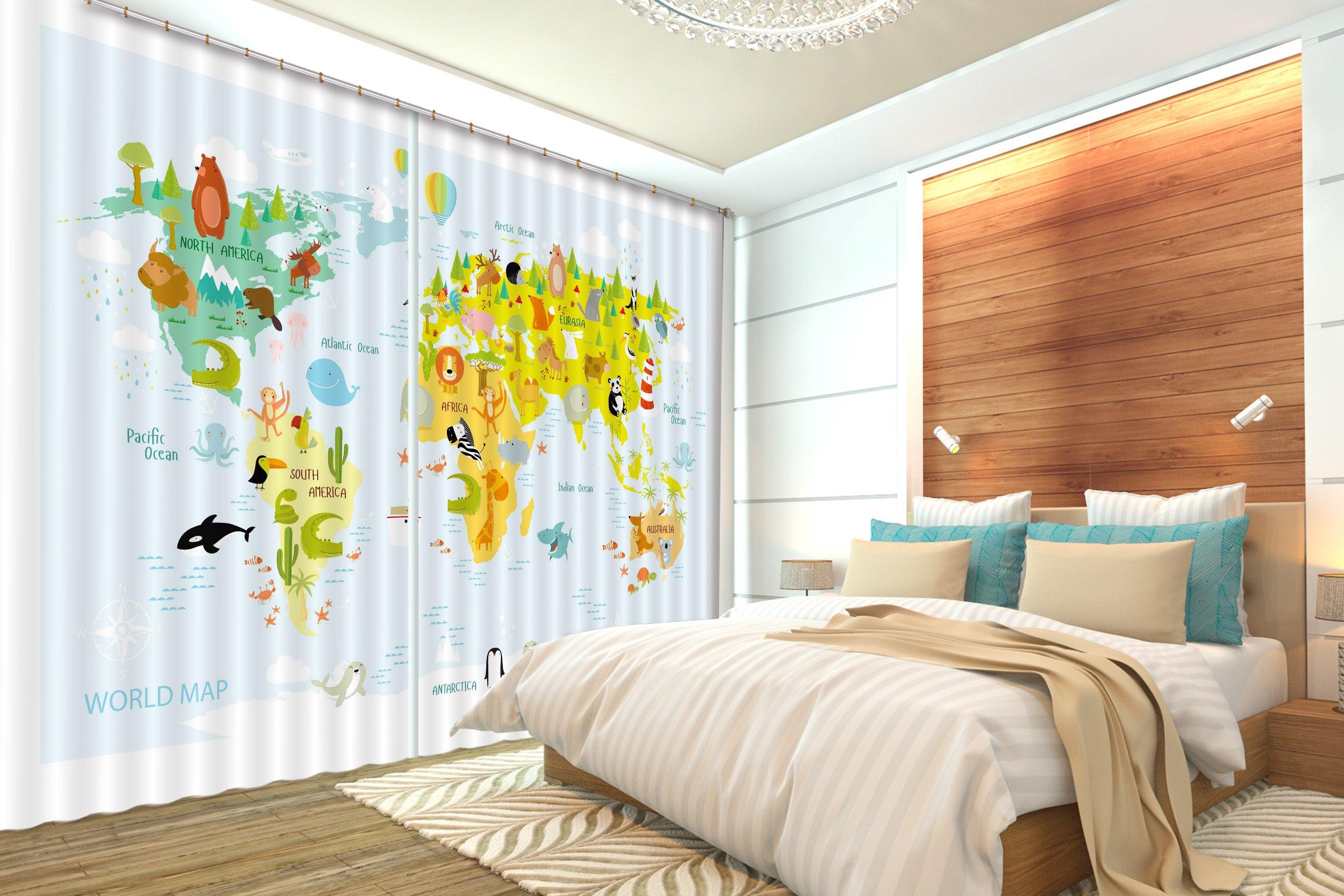 3D Yellow World Map Curtains and Drapes LQH A602- Jess Art Decoration