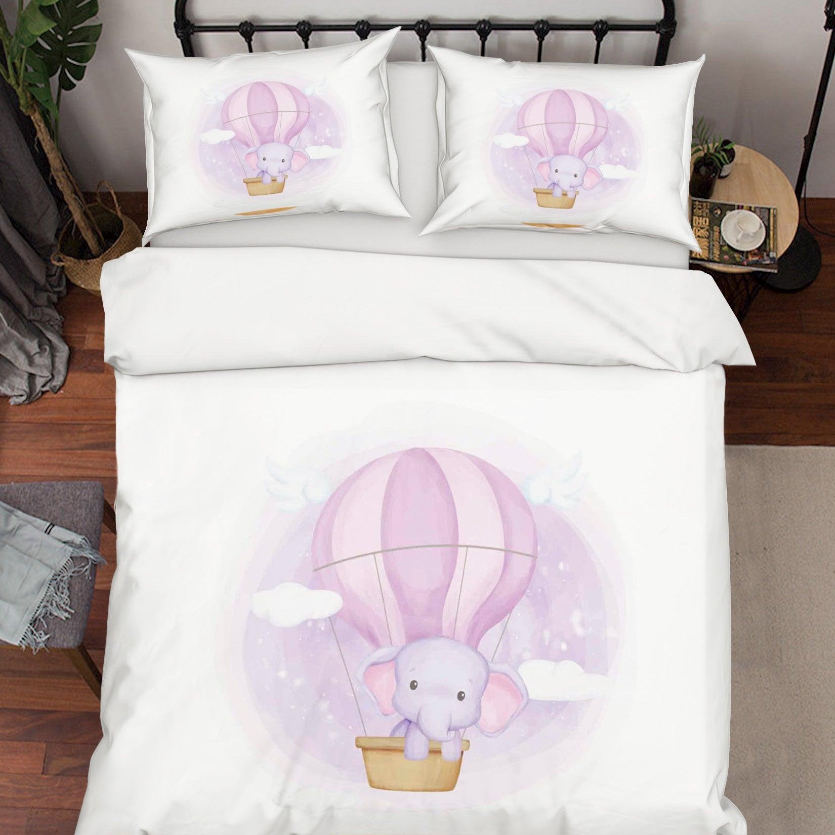 3D White Purple Elephant Hot Air Balloon Quilt Cover Set Bedding Set Duvet Cover Pillowcases SF03- Jess Art Decoration