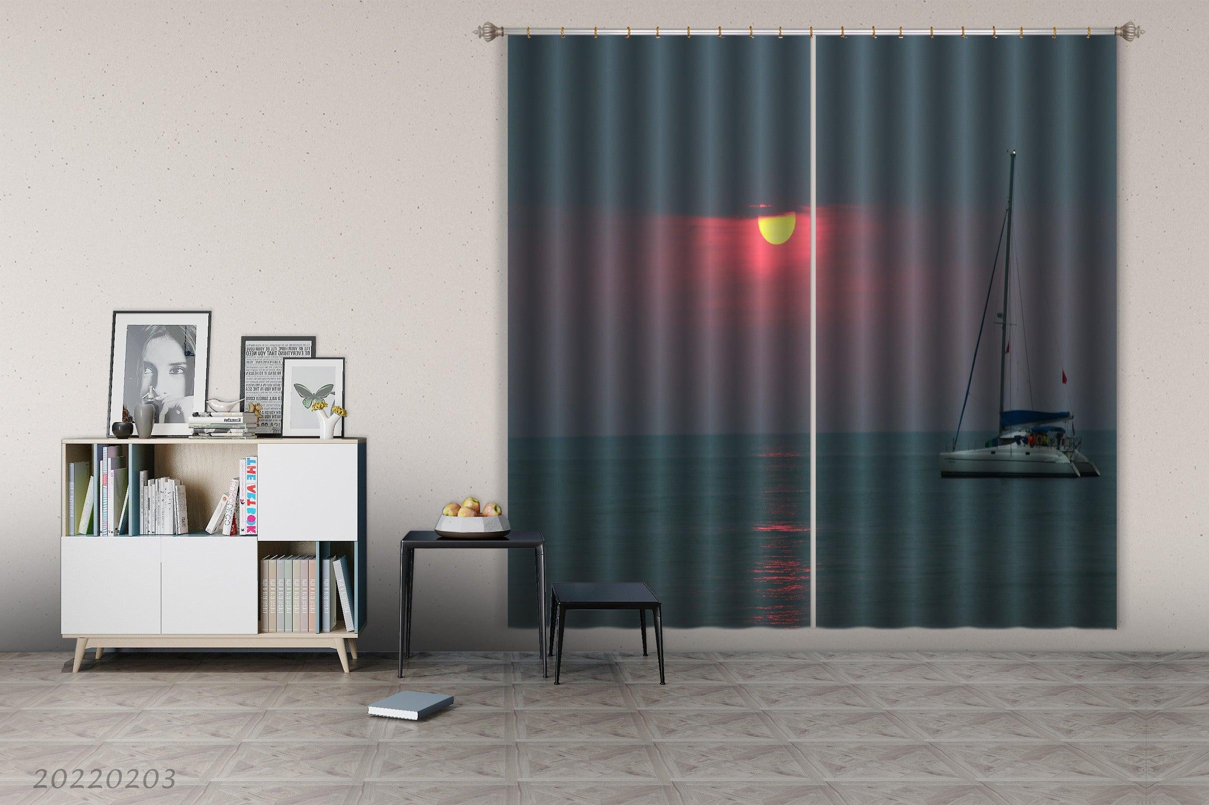 3D Yacht Ocean Golden Sun Red Sky Curtains and Drapes GD 1012- Jess Art Decoration