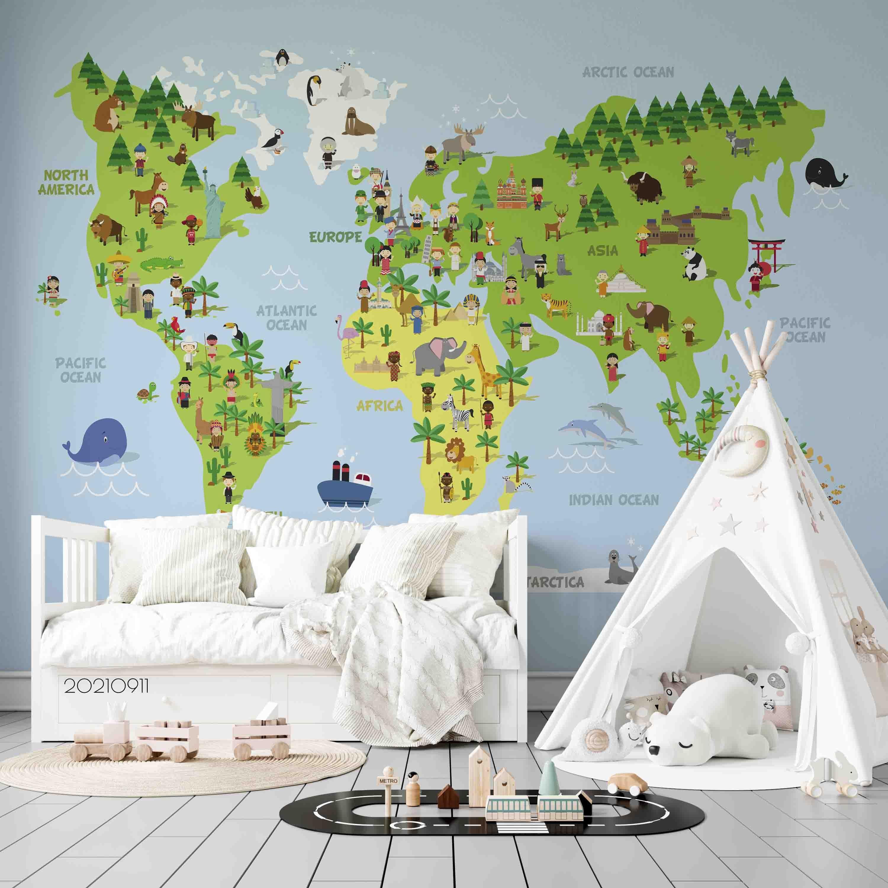3D World Map Green Kids Wall Mural Wallpaper LQH 815- Jess Art Decoration