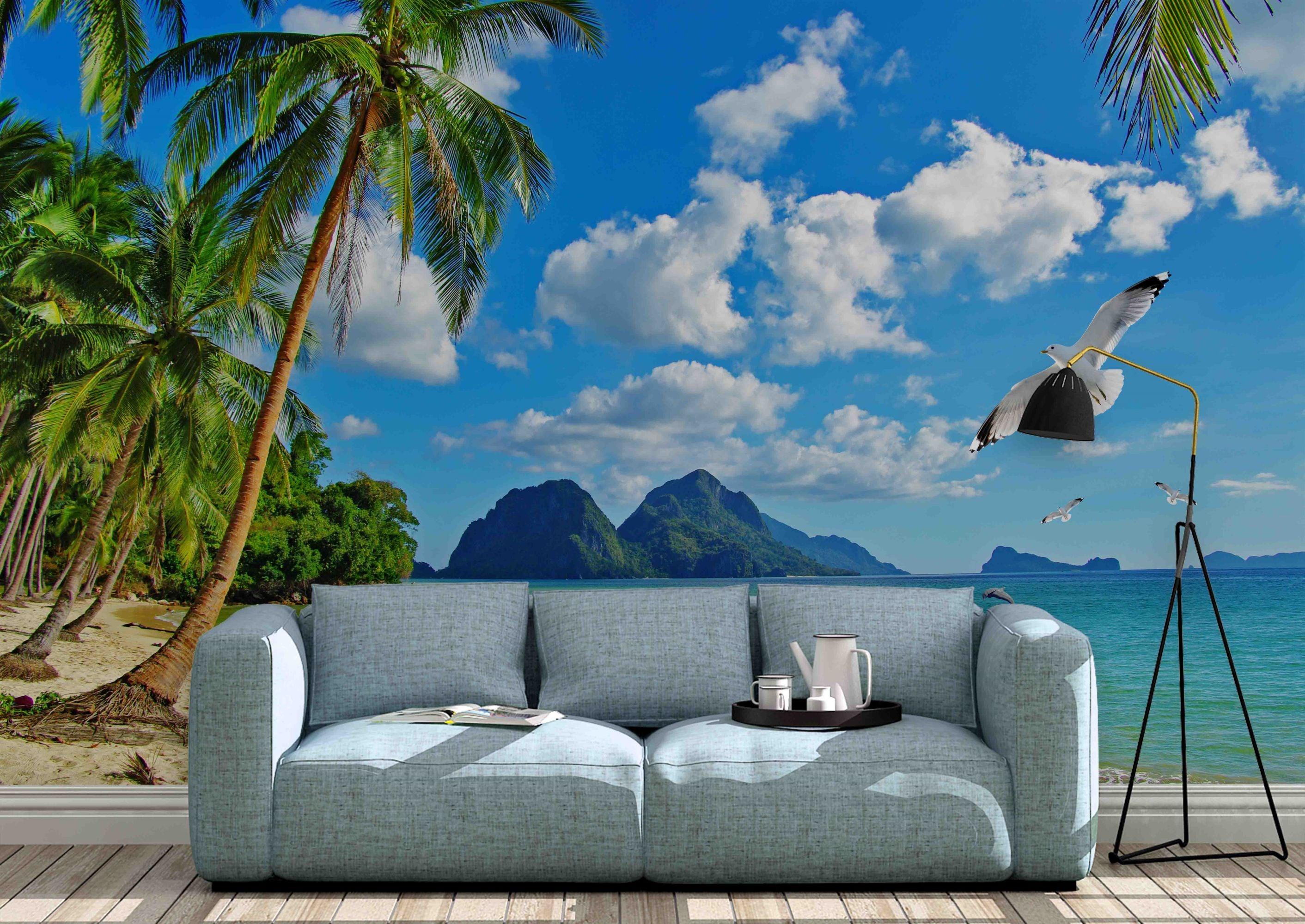 3D Natural Landscape Beach Seagull Seaside Coconut Tree Wall Mural Wallpaper GD 1949- Jess Art Decoration