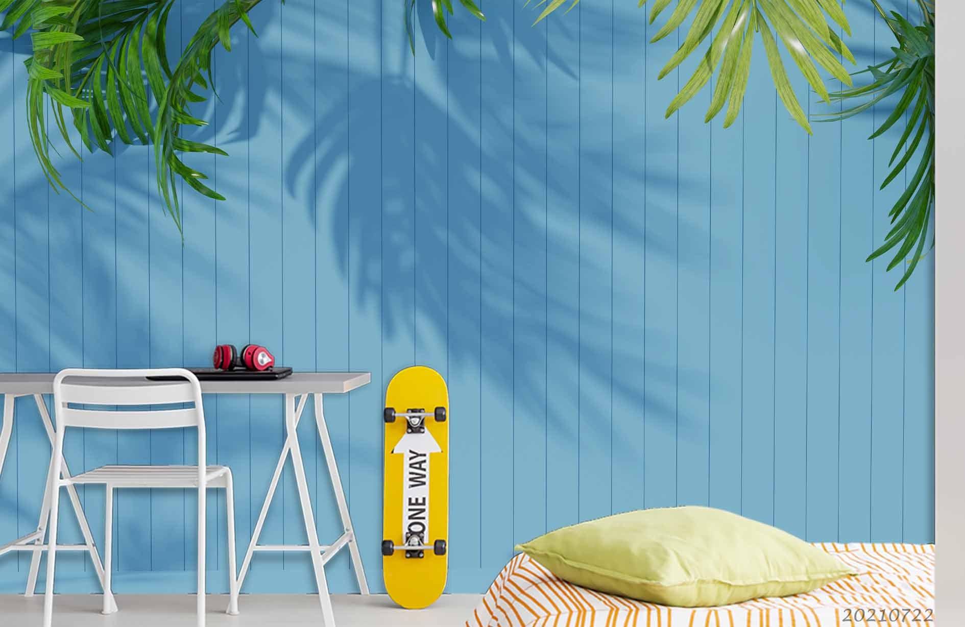 3D Blue Wood Board Texture Leaf Wall Mural Wallpaper LQH 33- Jess Art Decoration
