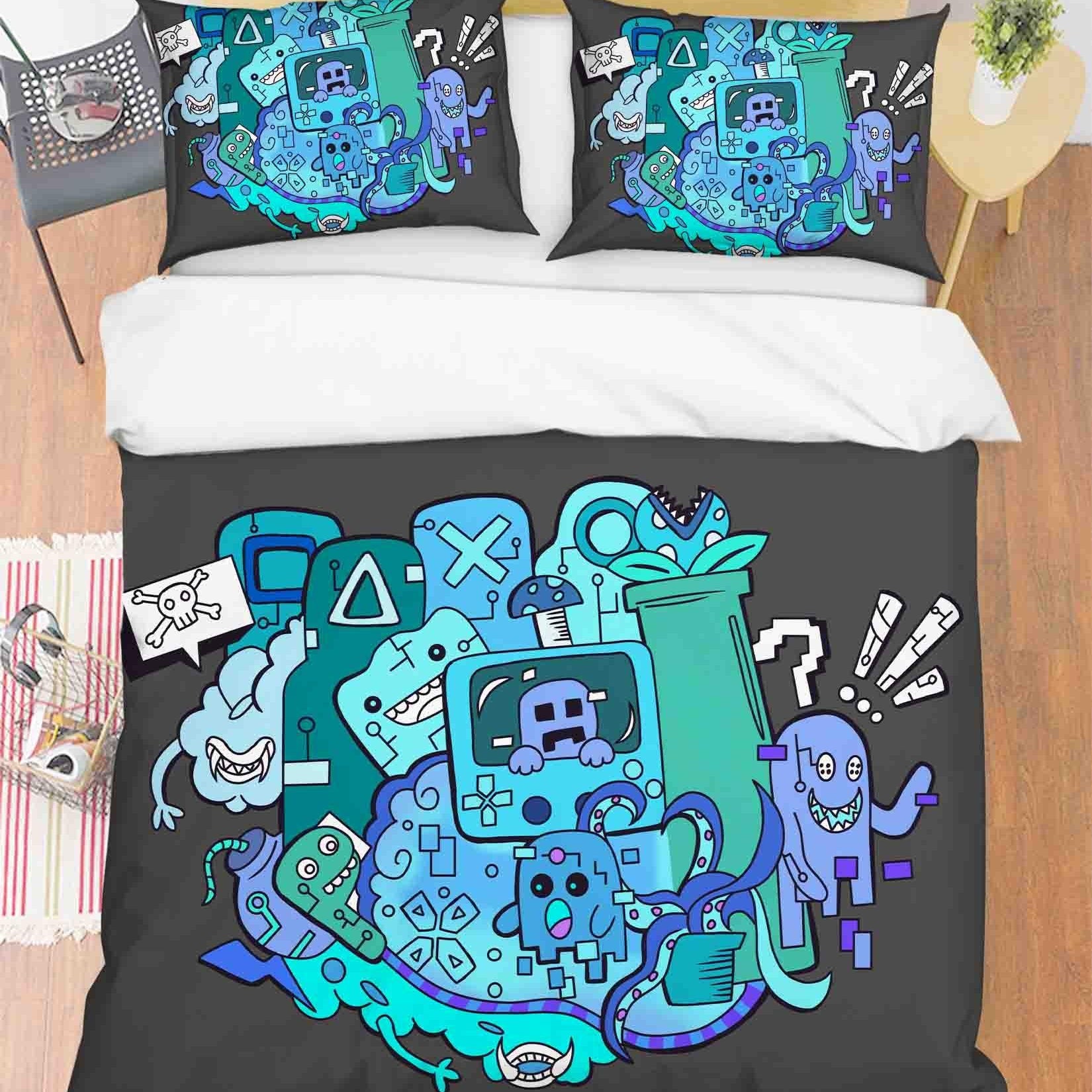 3D Abstract Blue Artistic Monster Graffiti Quilt Cover Set Bedding Set Duvet Cover Pillowcases 85- Jess Art Decoration
