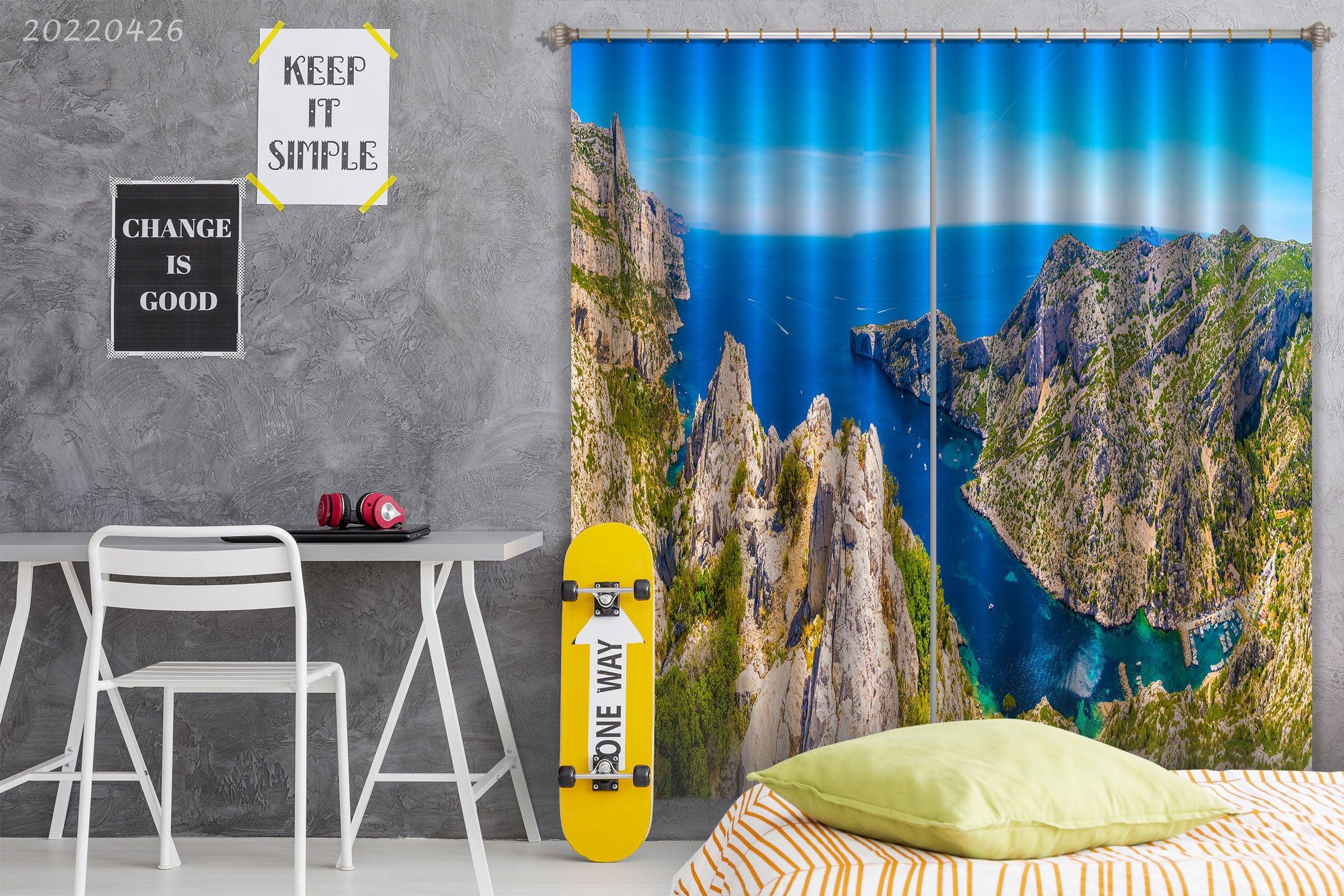 3D Landscape Mountain Peak Blue Sea Curtains and Drapes GD 4882- Jess Art Decoration
