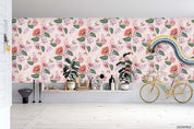 3D Hand Sketching Pink Floral Green Leaves Plant Pink Wall Mural Wallpaper LXL 1281- Jess Art Decoration