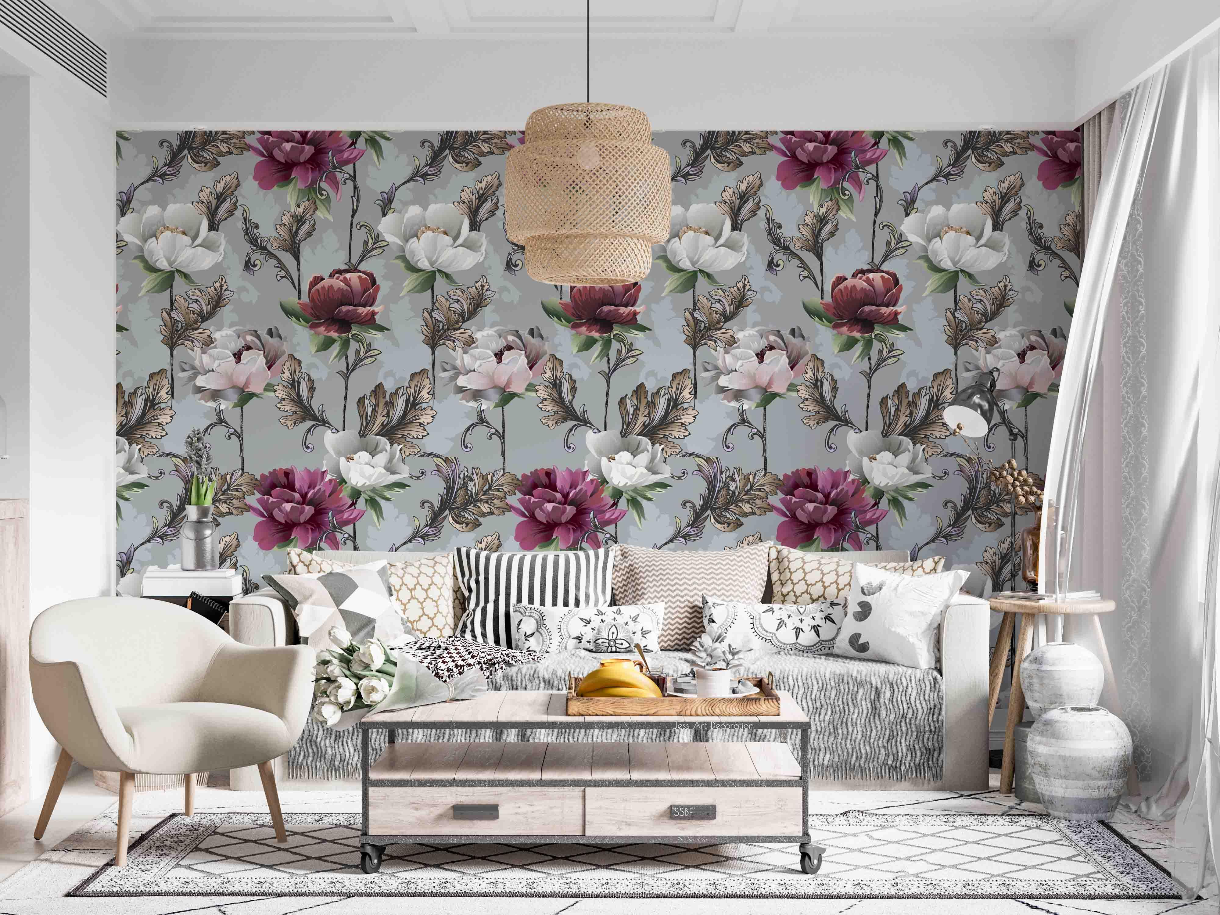 3D Vintage Blooming Pink Flowers Leaves Pattern Wall Mural Wallpaper GD 3530- Jess Art Decoration