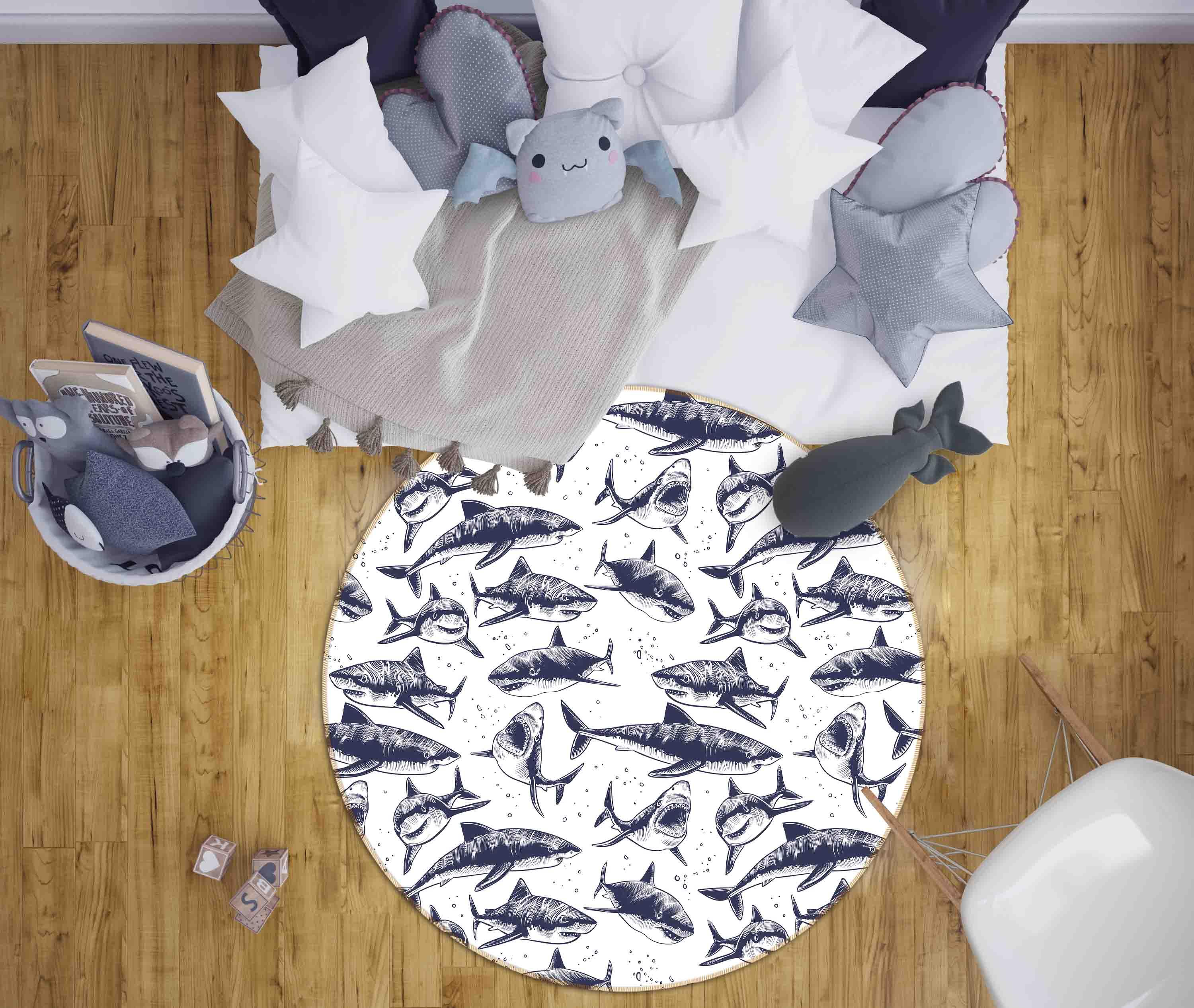 3D Cartoon Animal Shark Kids Non-Slip Round Rug Mat 125- Jess Art Decoration