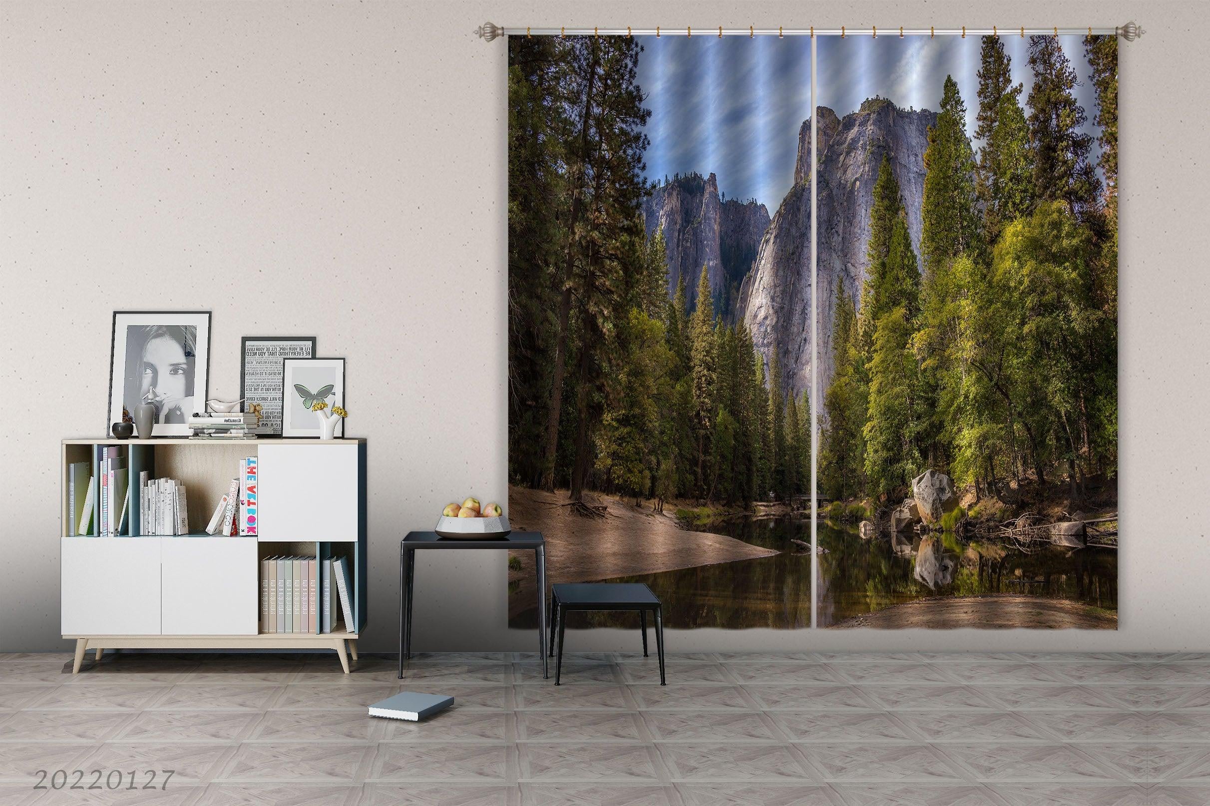 3D Peak Green Woods River Curtains and Drapes GD 1512- Jess Art Decoration
