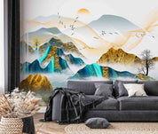 3D Abstract Art Gold Blue Mountain Trees Sun Wall Mural Wallpaper GD 2000- Jess Art Decoration