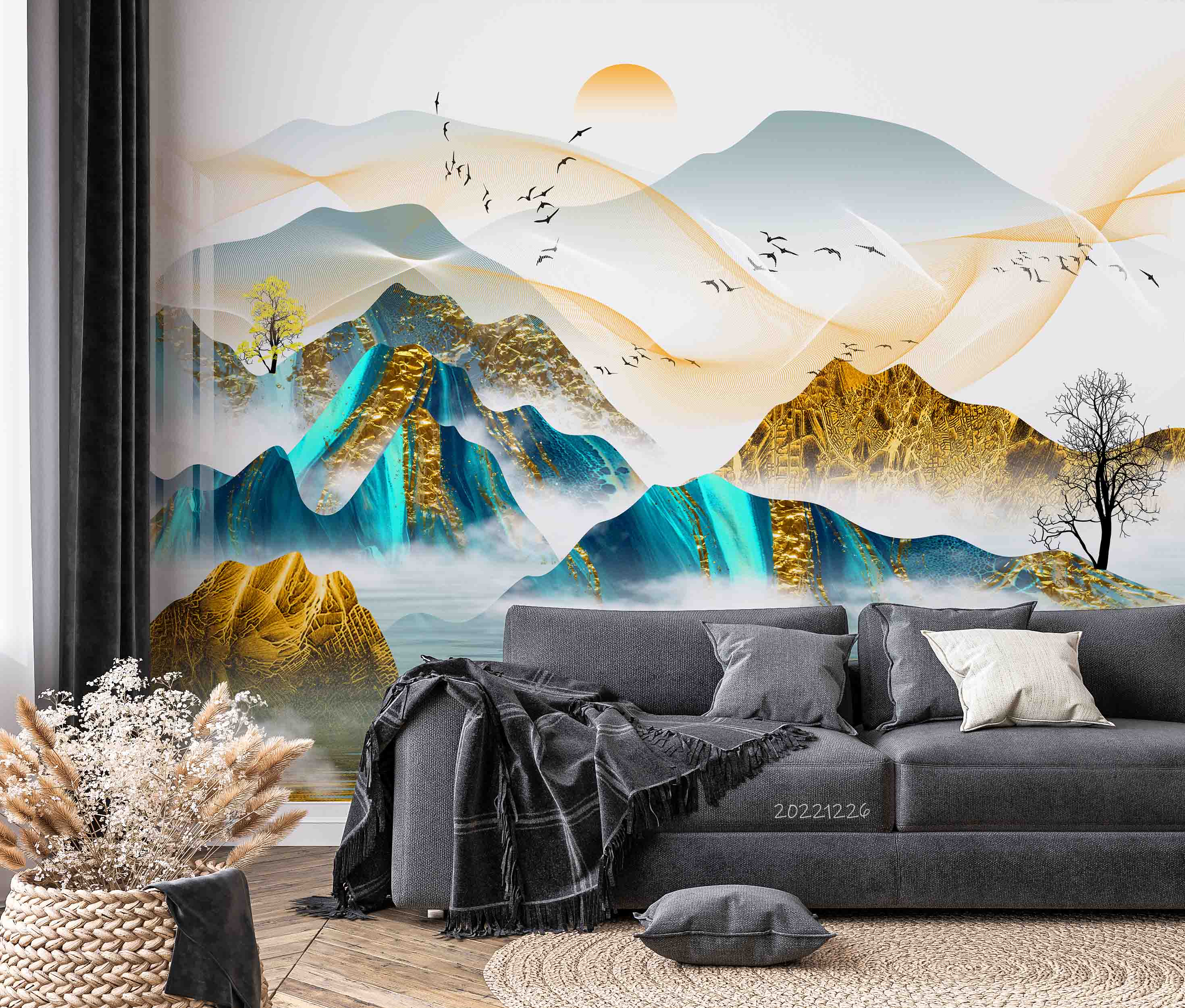 3D Abstract Art Gold Blue Mountain Trees Sun Wall Mural Wallpaper GD 2000- Jess Art Decoration