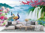 3D Peacock Waterfall Garden peacock waterfall nature scene wall mural wallpaper for living room - view 6