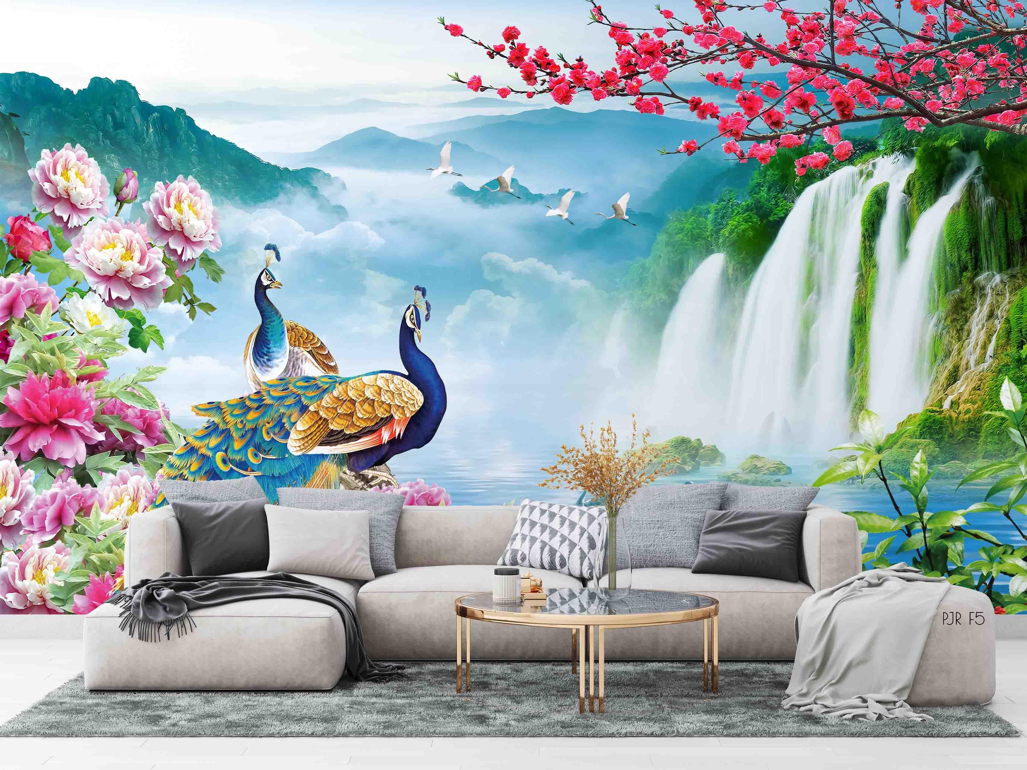 3D Peacock Waterfall Garden peacock waterfall nature scene wall mural wallpaper for living room - view 6
