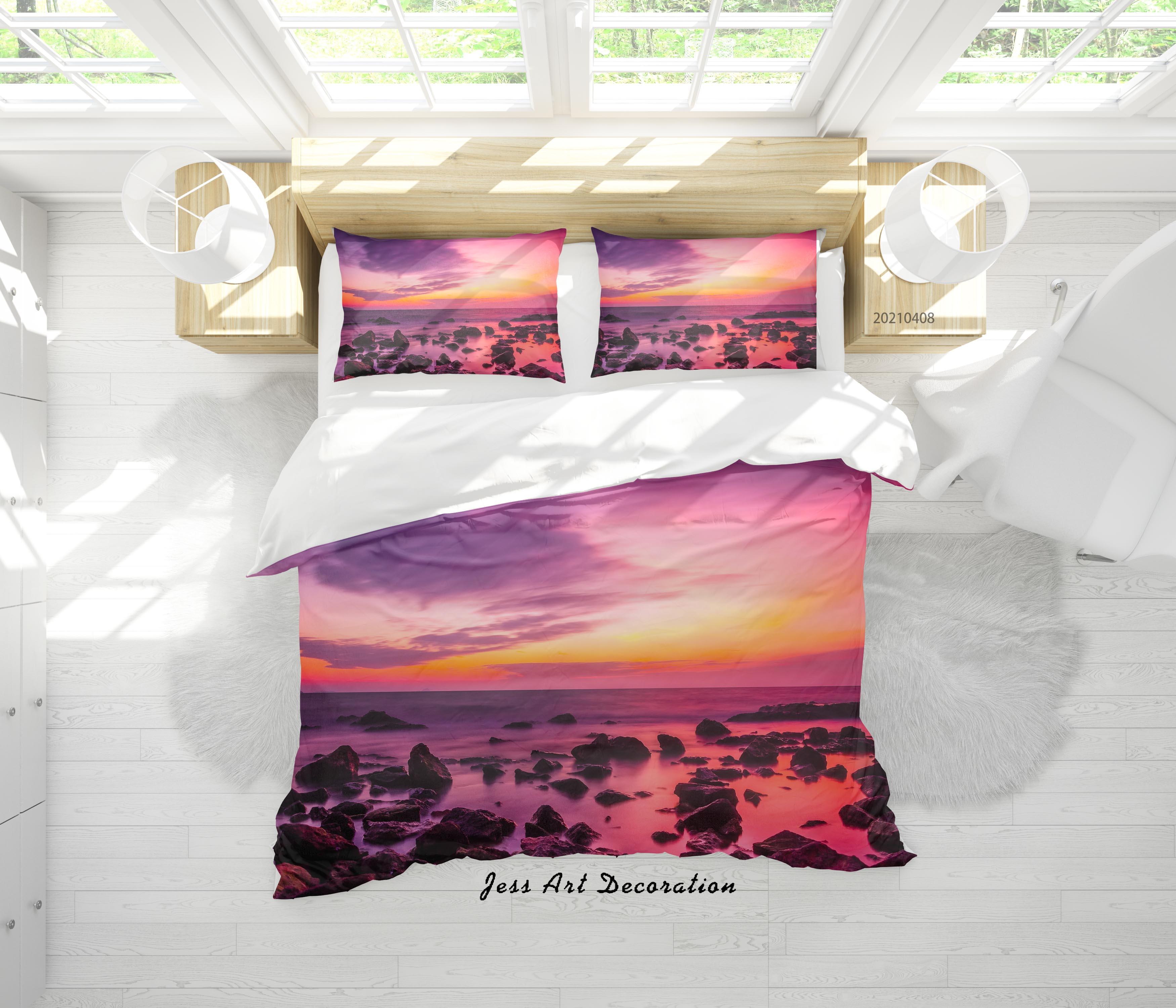 3D Sunset Sky Beach Rock Quilt Cover Set Bedding Set Duvet Cover Pillowcases 257- Jess Art Decoration