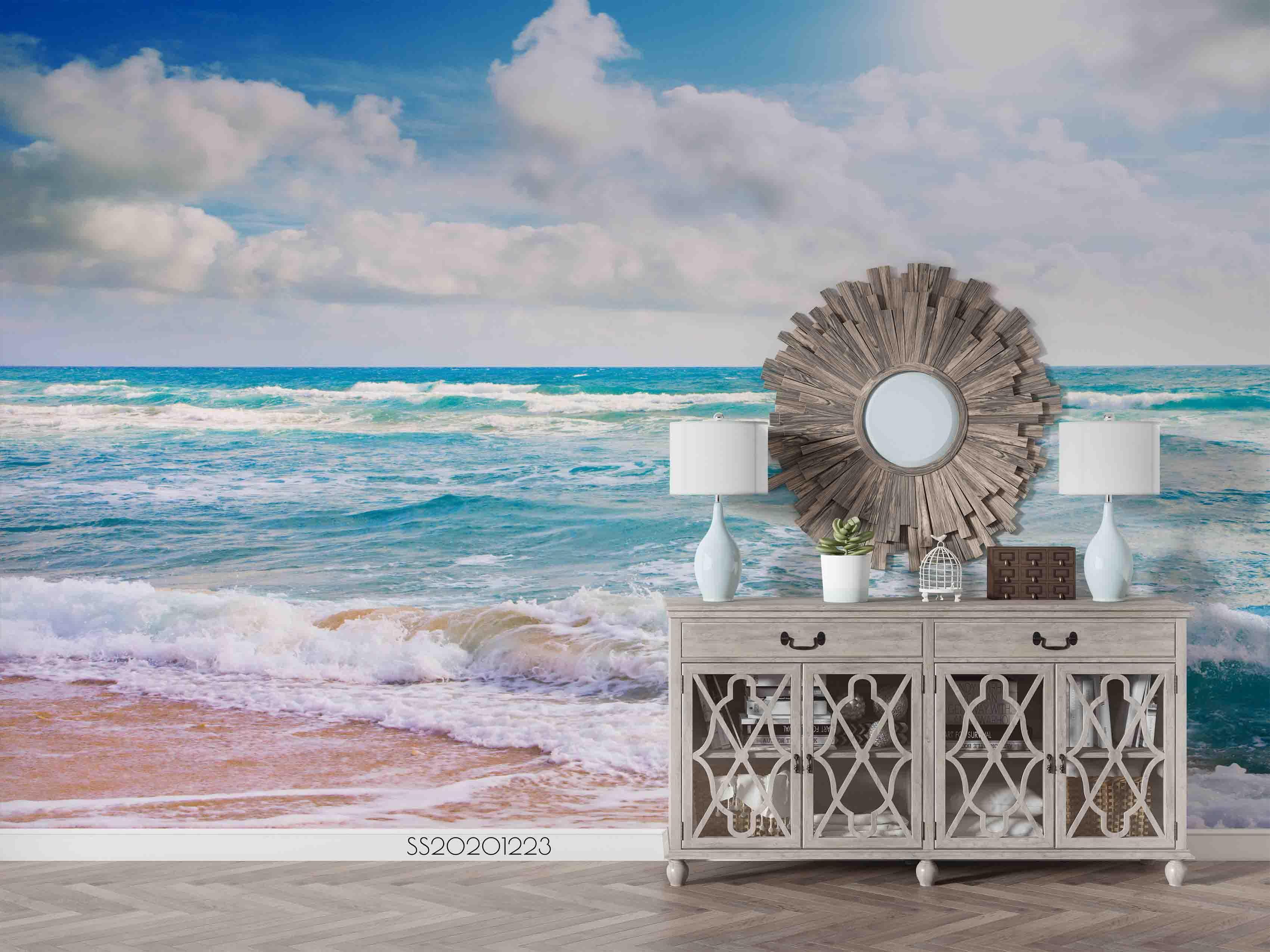 3D Blue Sky White Cloud Sea Beach Wall Mural Wallpaper LQH 9- Jess Art Decoration