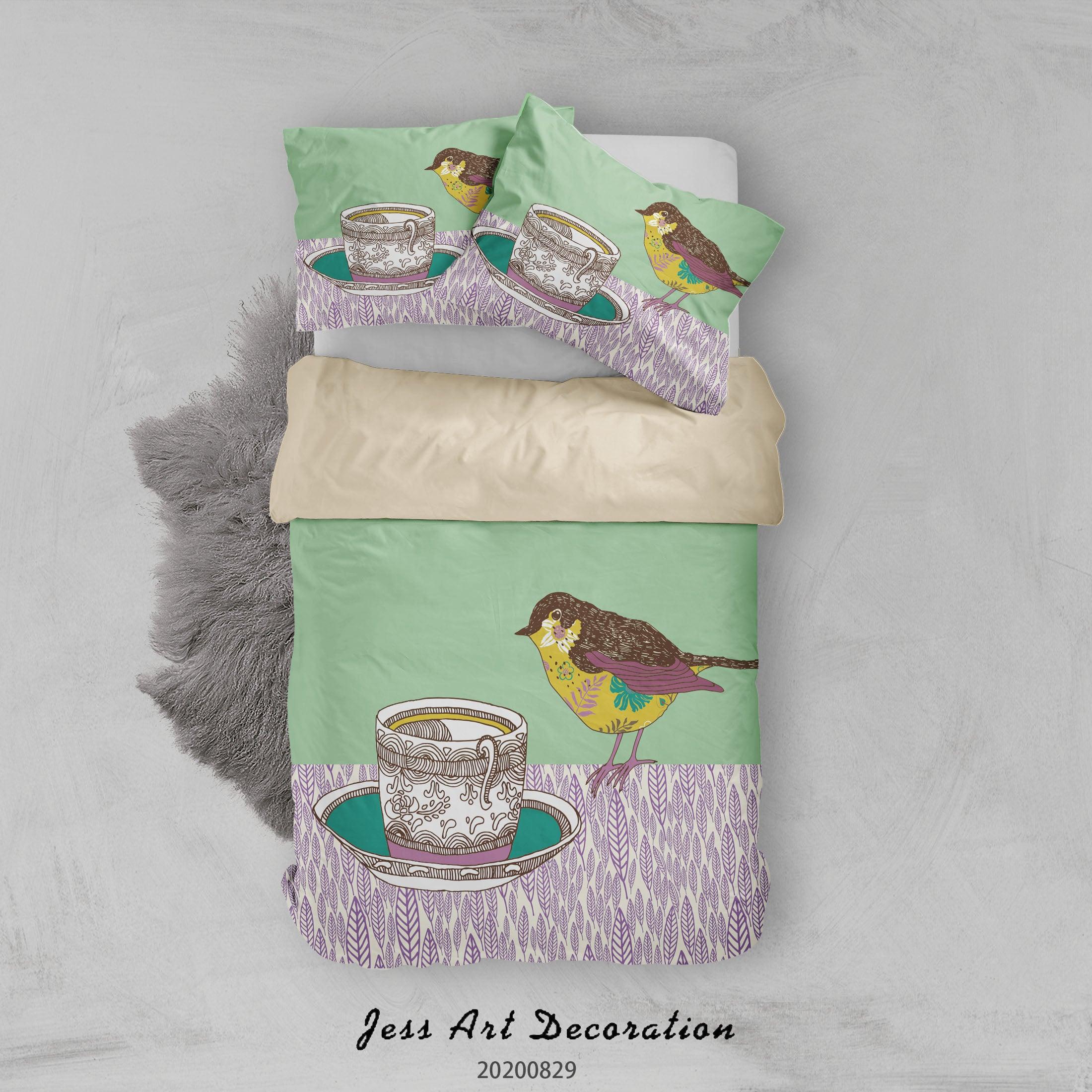 3D Abstract Hand Draw Cartoon Bird Teacup Pattern Quilt Cover Set Bedding Set Duvet Cover Pillowcases WJ 3555- Jess Art Decoration