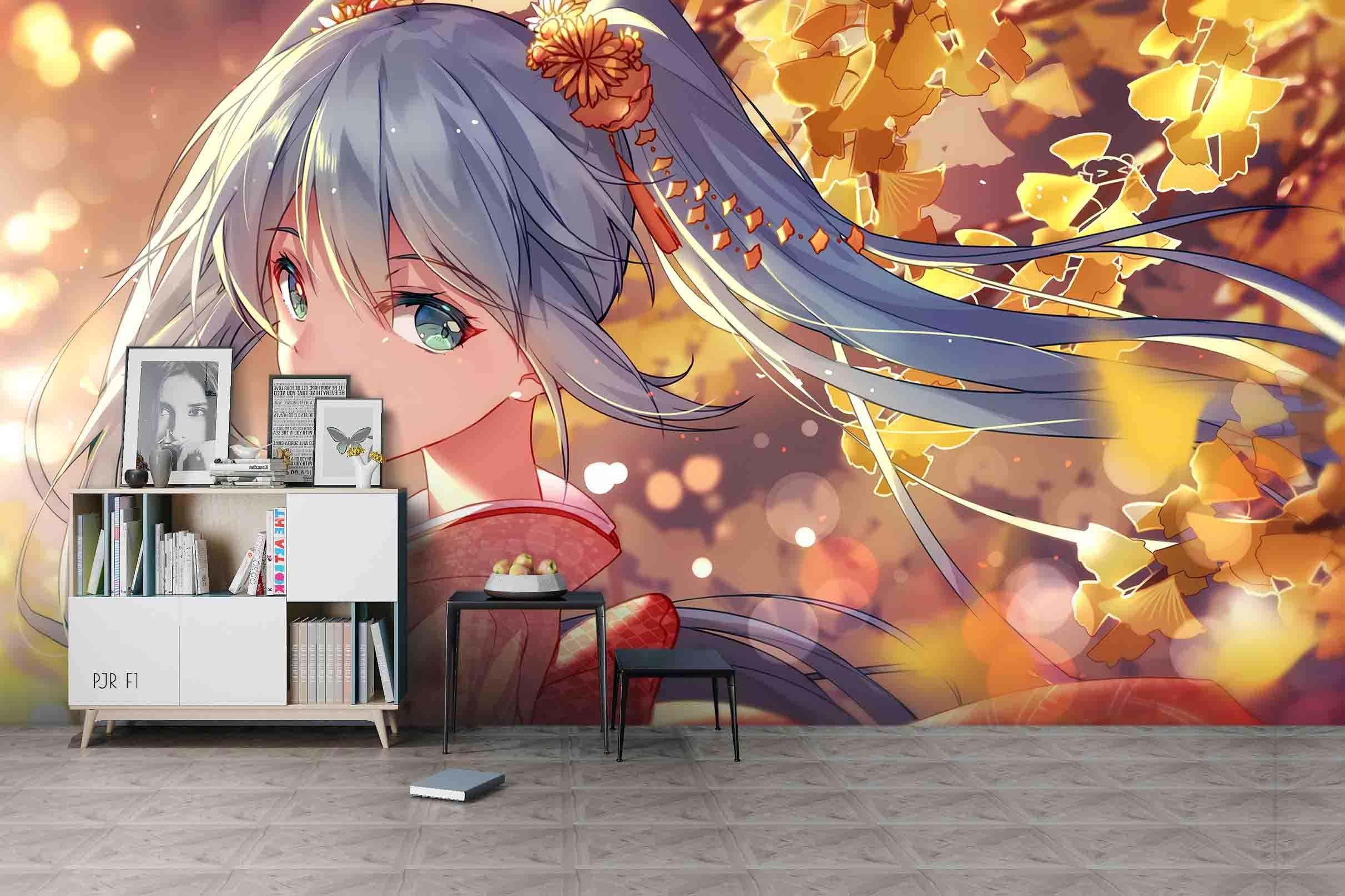 3D Ginkgo Anime Girl ginkgo leaf anime girl mural wall mural wallpaper for bedroom - view 3
