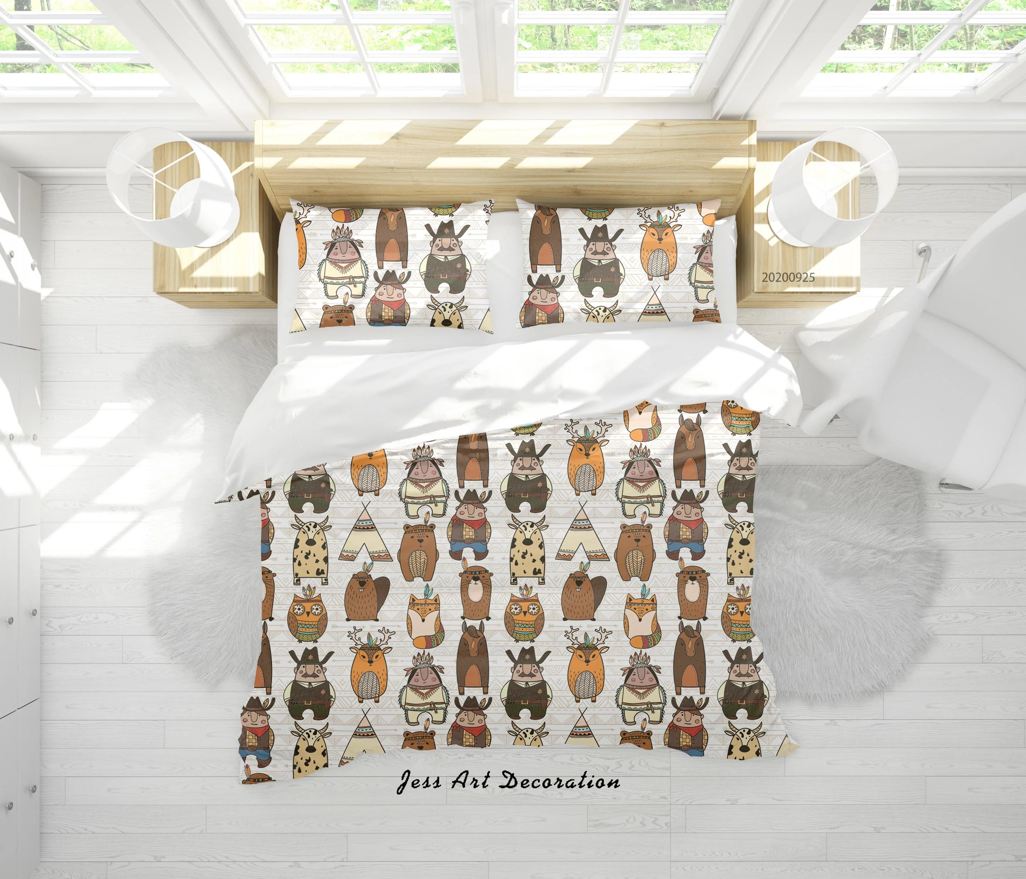 3D Cartoon Animal Indian Boy Bear Pattern Quilt Cover Set Bedding Set Duvet Cover Pillowcases WJ 6506- Jess Art Decoration