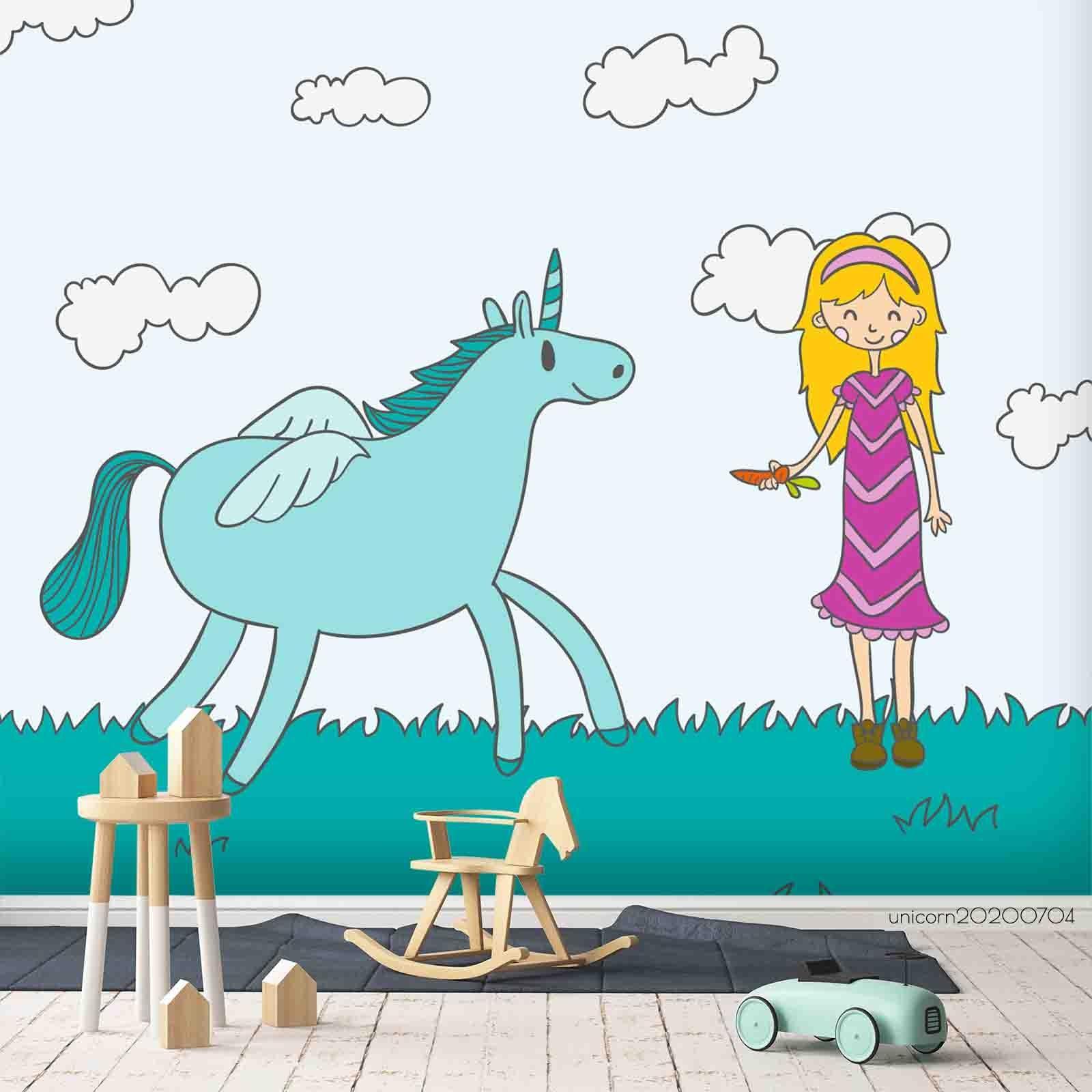 3D Cartoon Girl Feeding Green Unicorn Wall Mural Wallpaper LXL 169- Jess Art Decoration