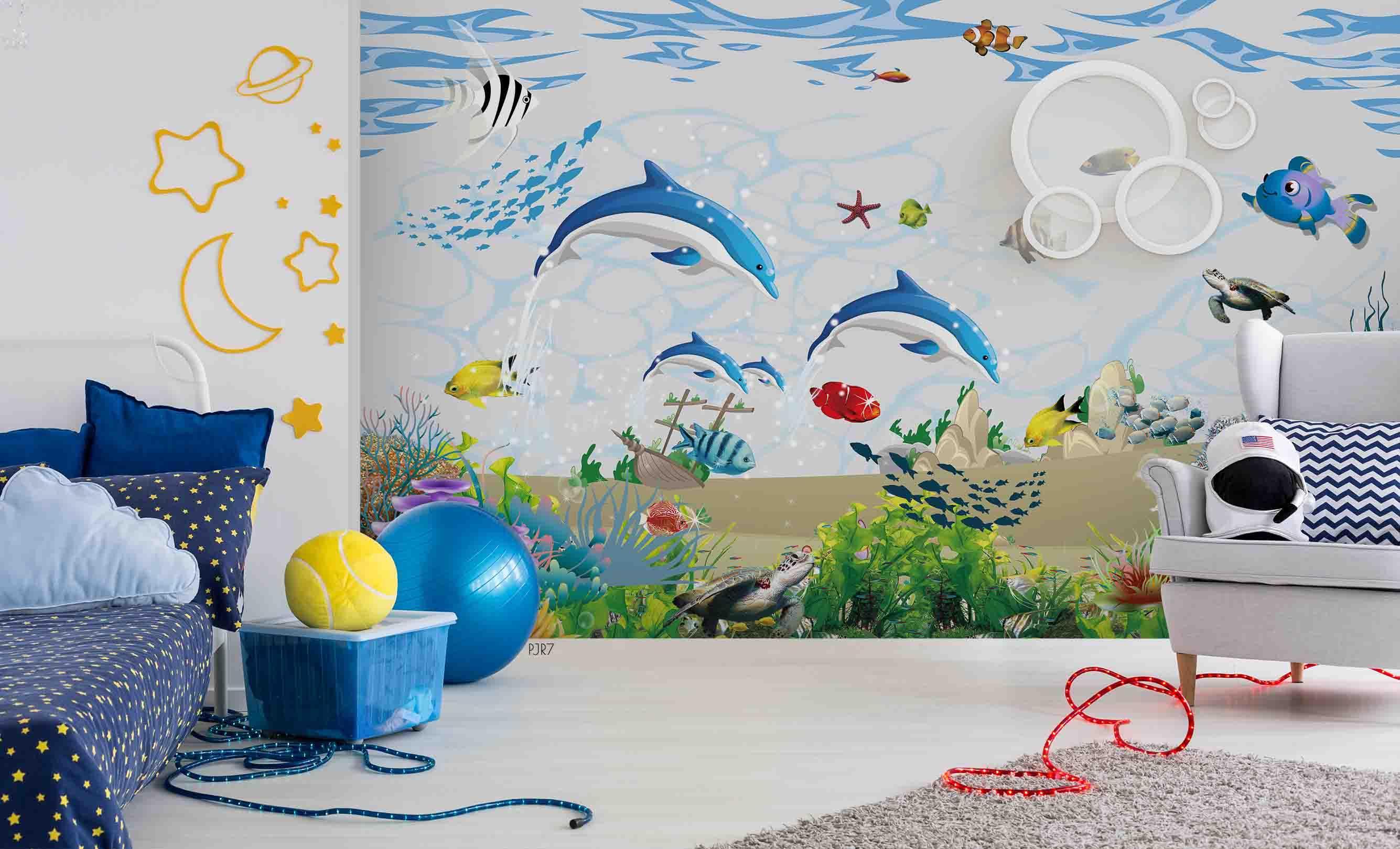 3D Dolphin Sea Fish cartoon dolphin sea life mural wall mural wallpaper for kids room - view 3