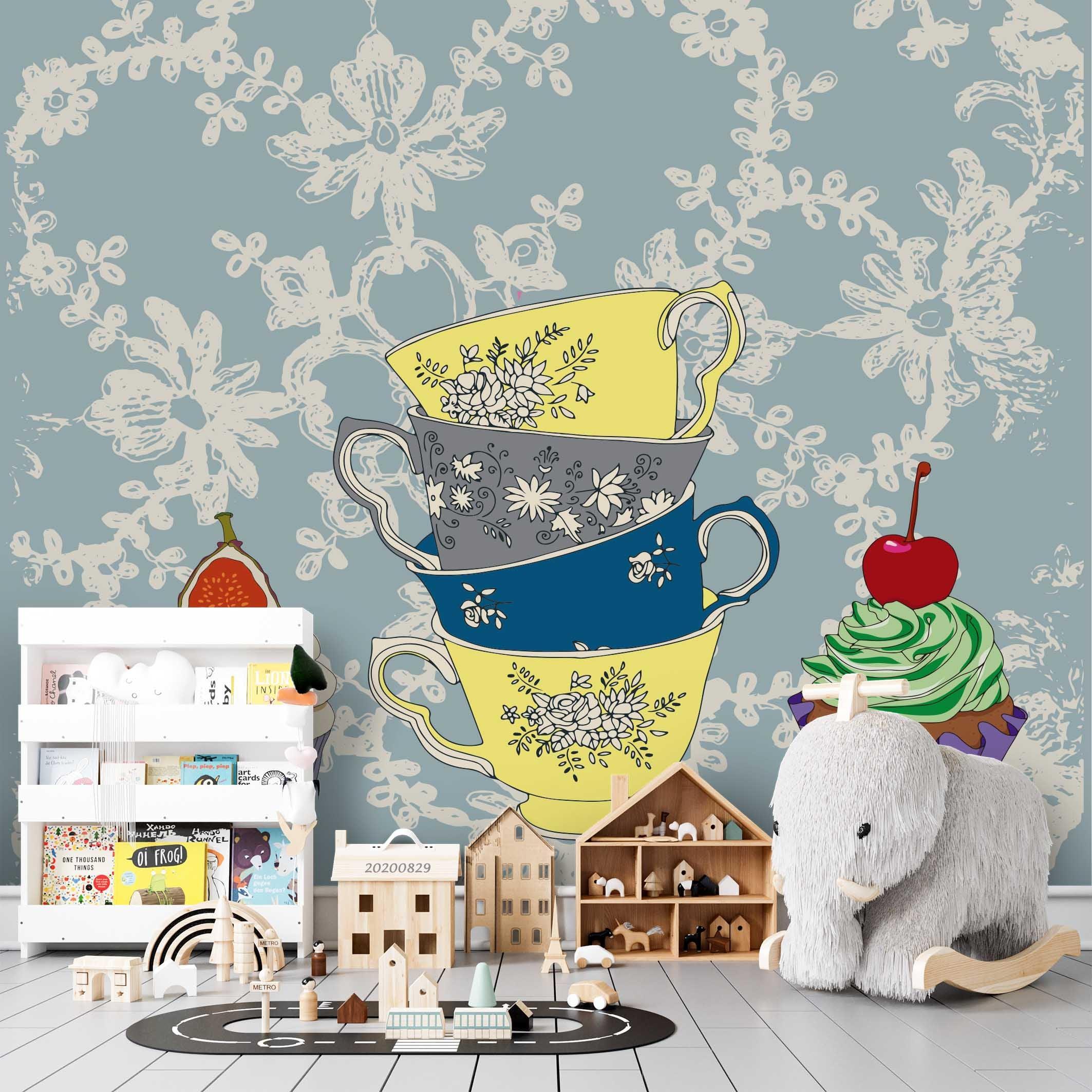 3D Vintage Floral Tea Cup cake Wall Mural Wallpaper LXL 1579- Jess Art Decoration