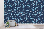 3D Cartoon Hand Drawn Blue Ocean Dolphin Fish Square Pattern Wall Mural Wallpaper LXL- Jess Art Decoration