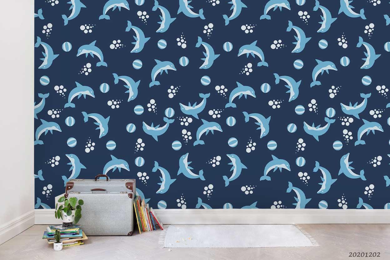 3D Cartoon Hand Drawn Blue Ocean Dolphin Fish Square Pattern Wall Mural Wallpaper LXL- Jess Art Decoration