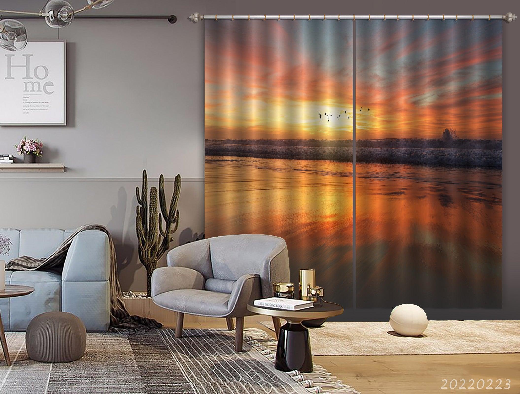 3D Sea Wave Orange Skyline Seagull Curtains and Drapes GD 2839- Jess Art Decoration