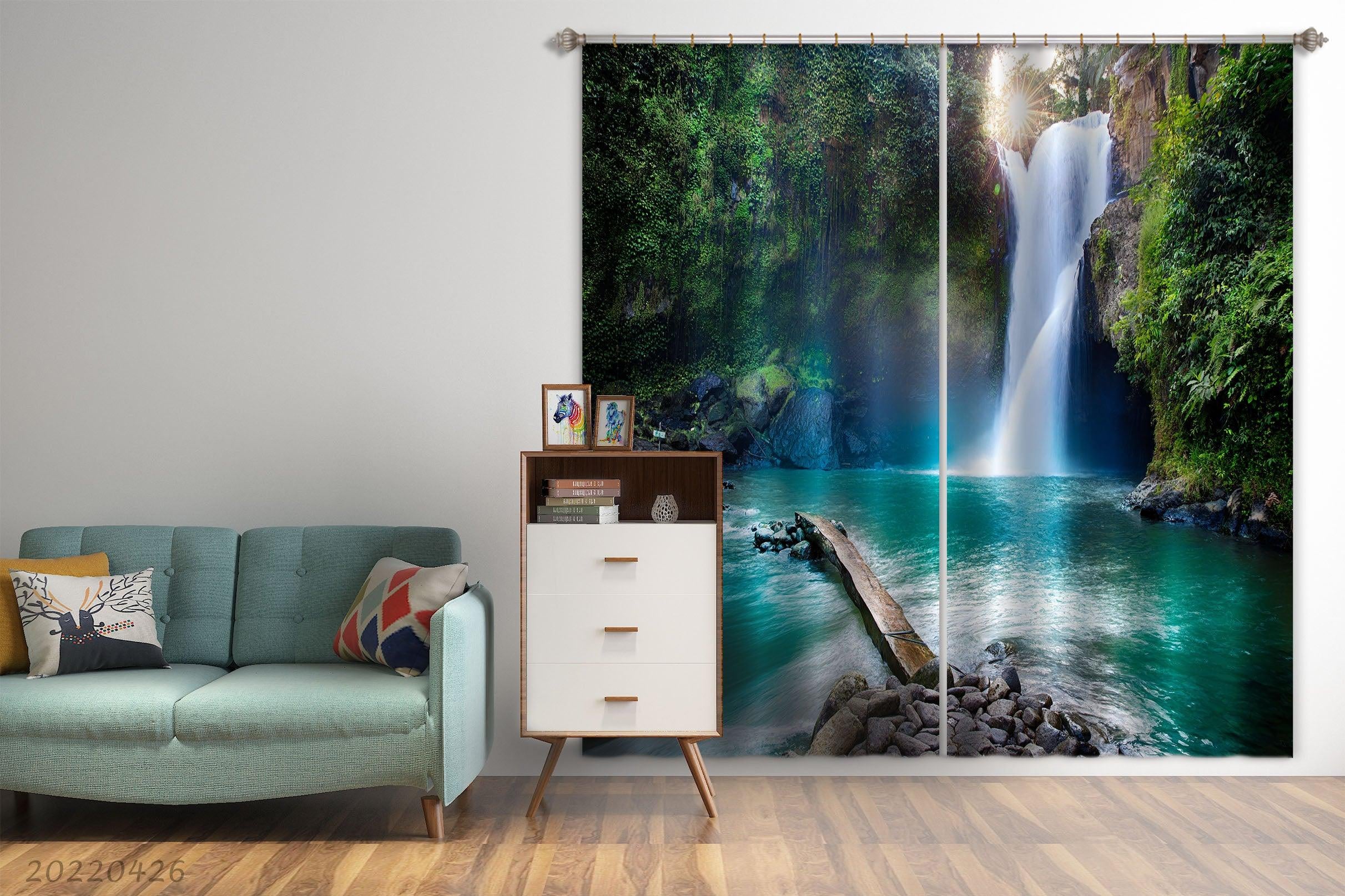 3D Landscape Mountain Waterfall River Tree Sun Curtains and Drapes GD 4907- Jess Art Decoration