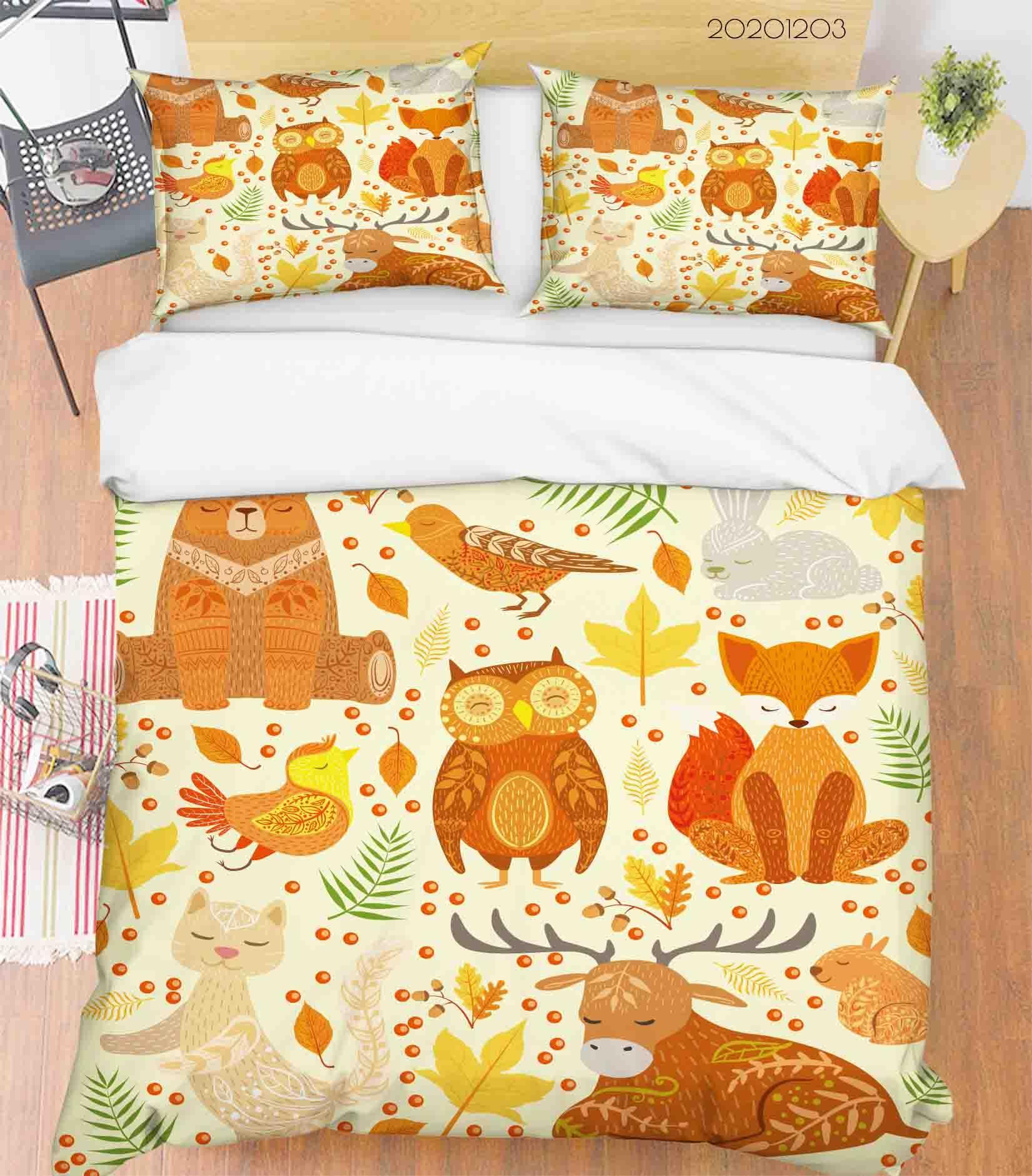 3D Cartoon Hand Drawn Colorful Owl Bear Bird Cat Animal Plant Quilt Cover Set Bedding Set Duvet Cover Pillowcases LXL- Jess Art Decoration