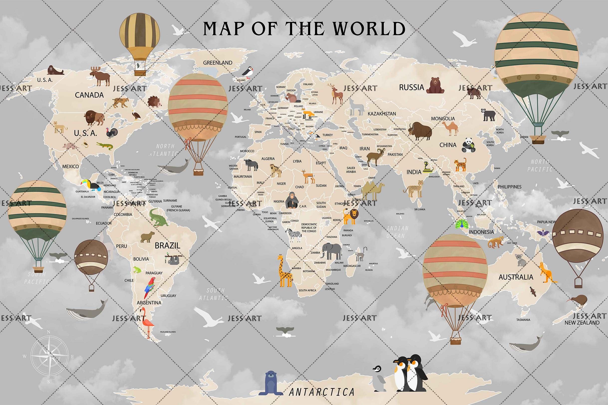 3D Cartoon Grey World Map Wall Mural Wallpaper LQH 16- Jess Art Decoration