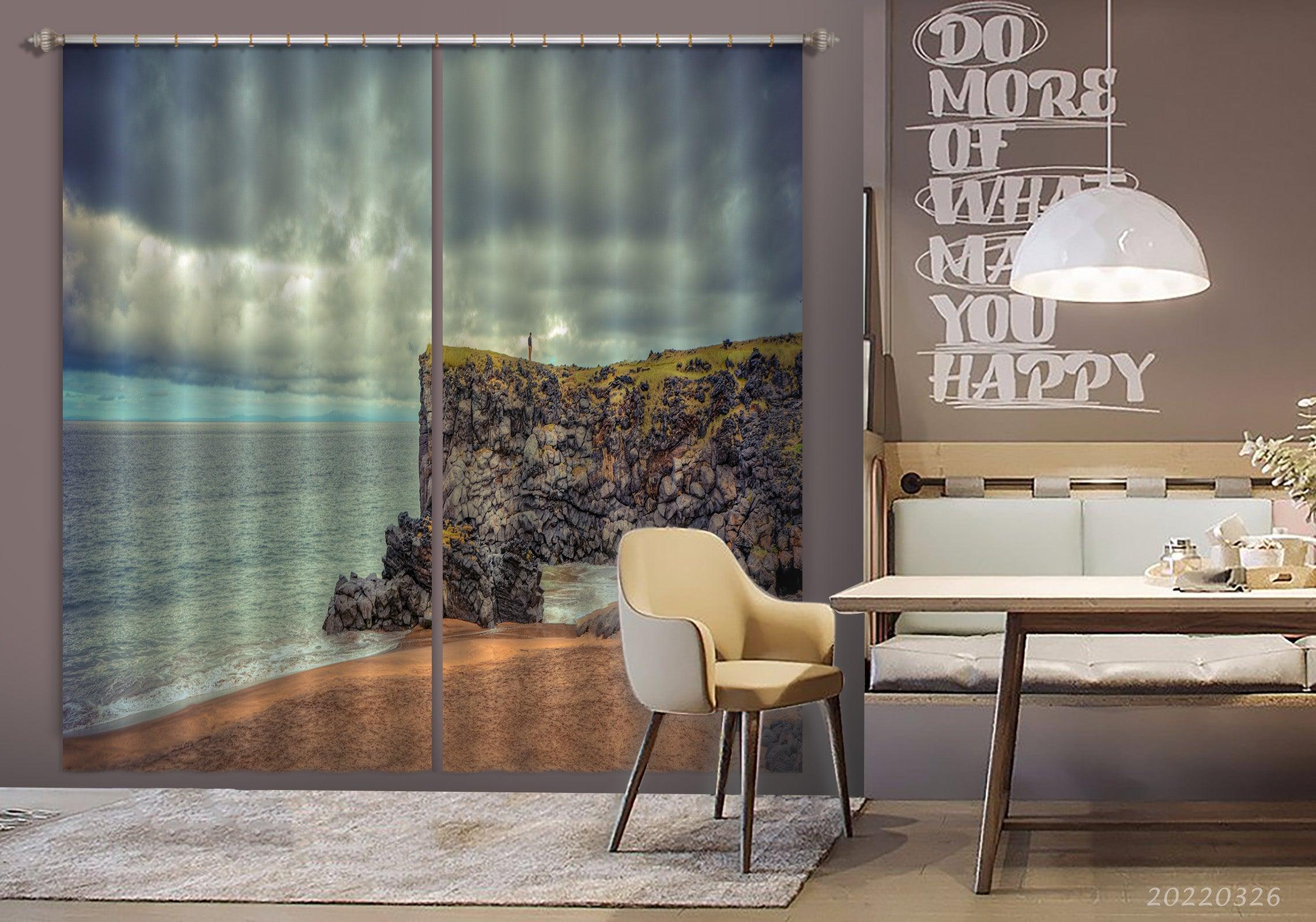 3D Sea Beach Rock Dark Cloud Curtains and Drapes GD 2962- Jess Art Decoration