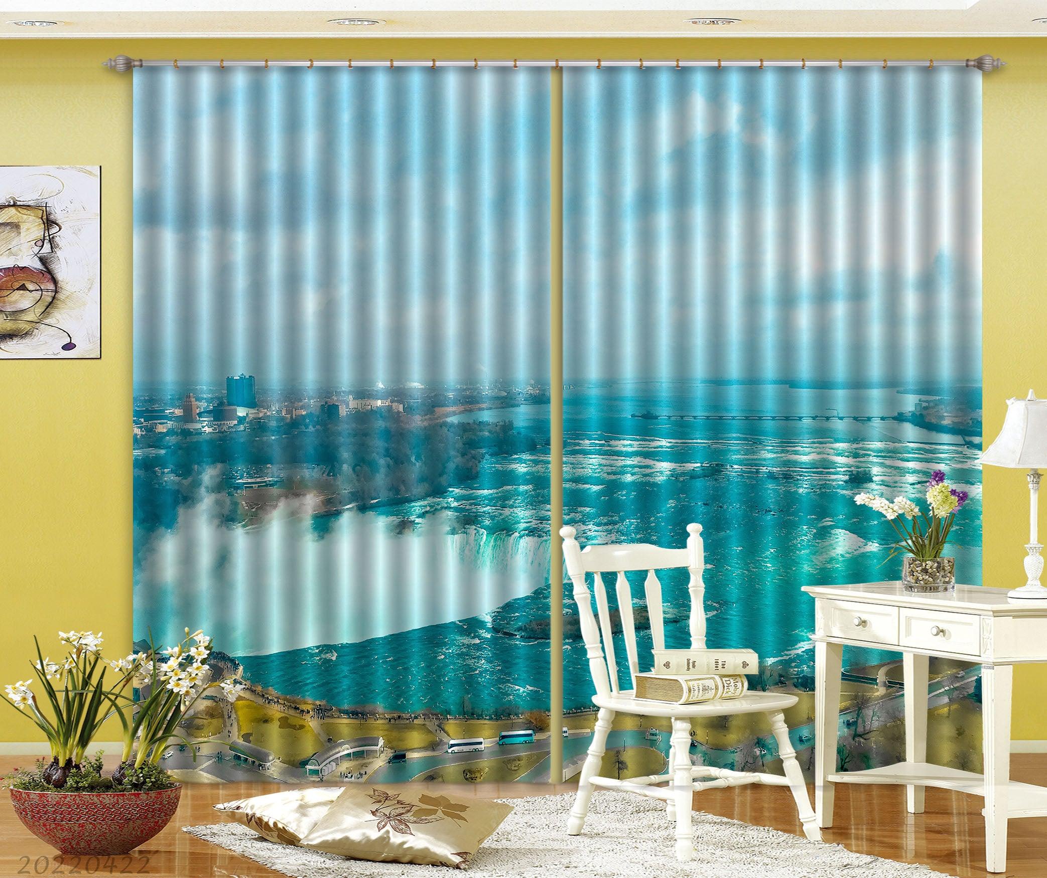 3D Landscape River Waterfall City Building Wood Curtains and Drapes GD 4281- Jess Art Decoration