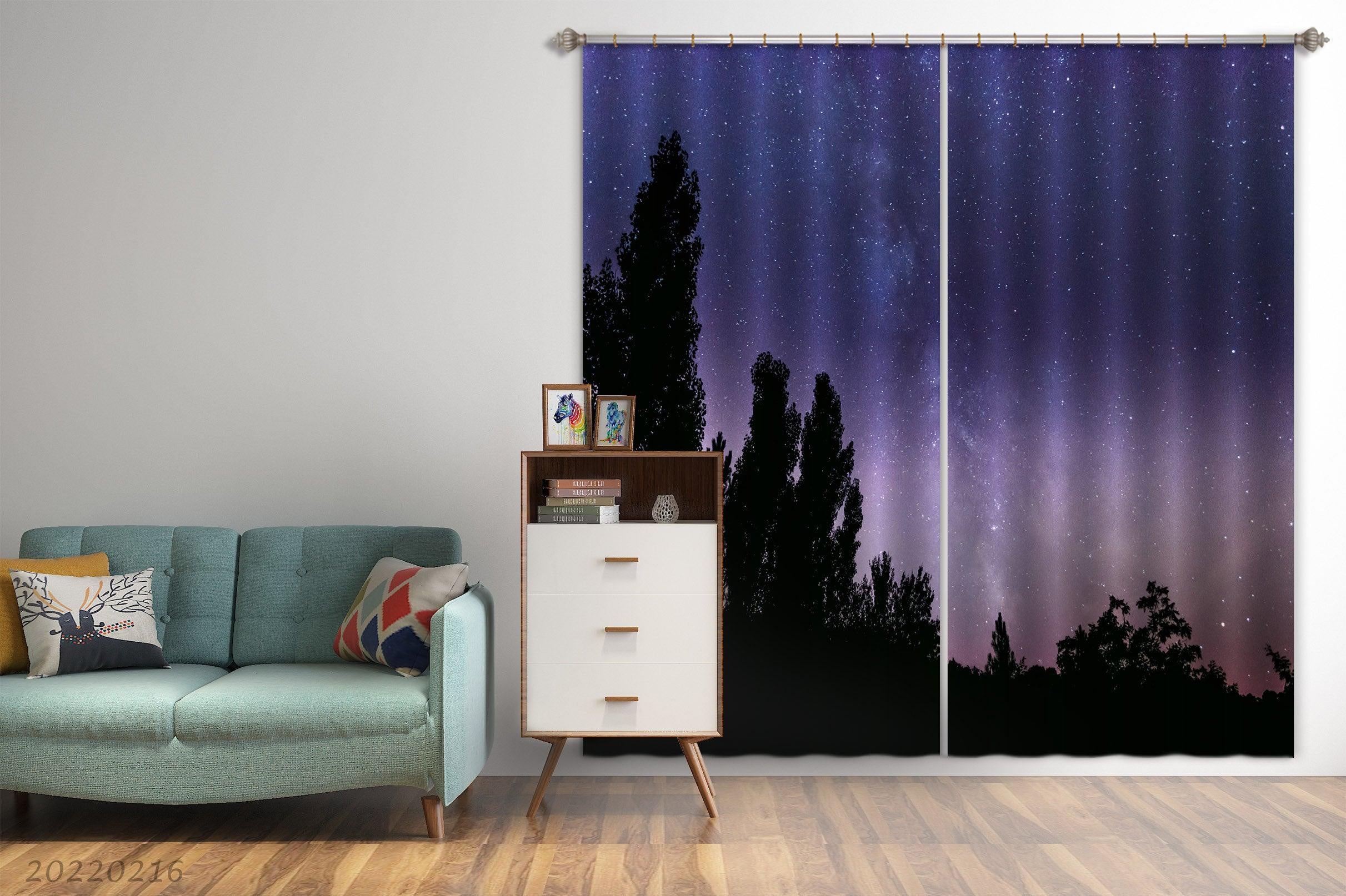 3D Woods Night Blue Stars Sky Curtains and Drapes GD 2325- Jess Art Decoration