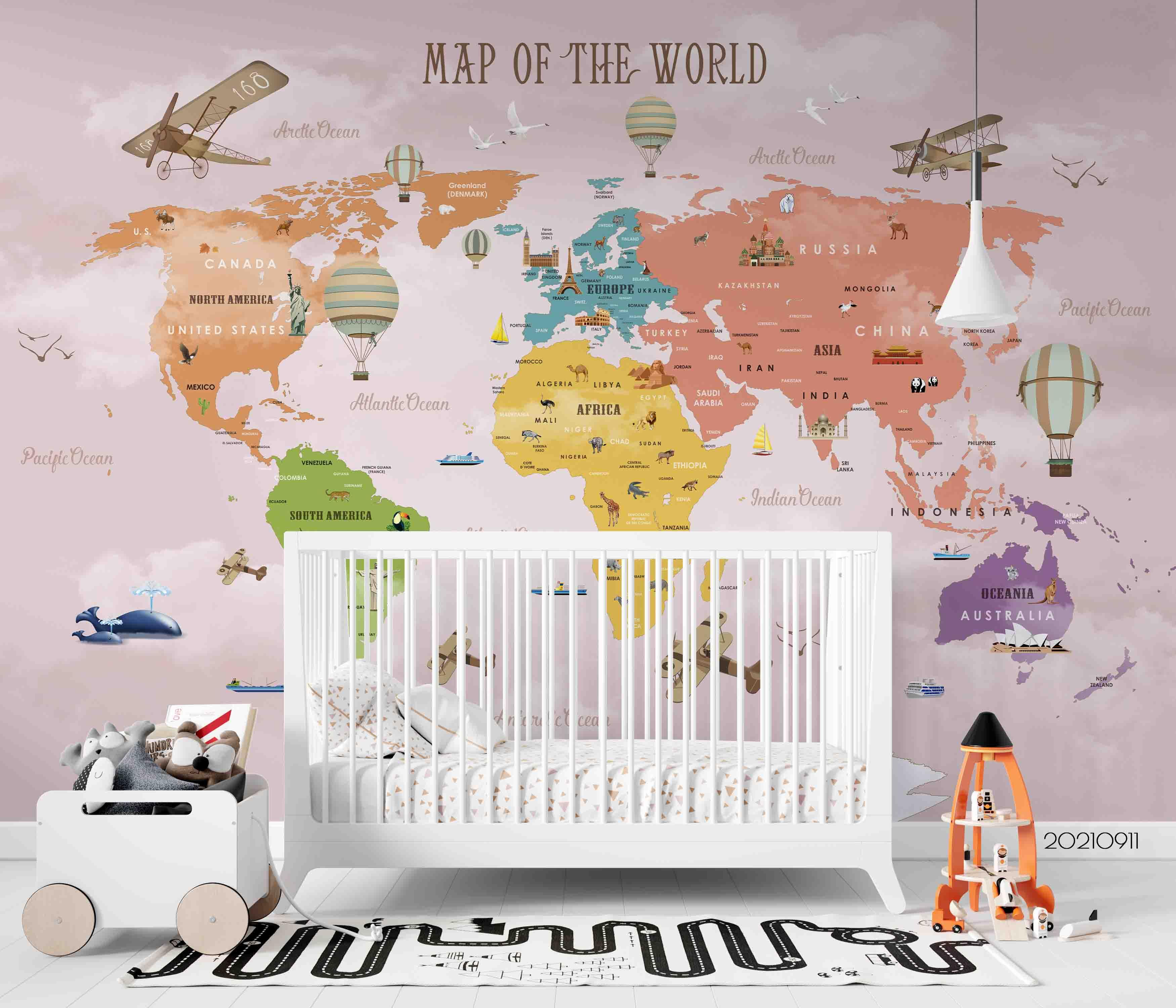3D Color World Map Airplane Kids Wall Mural Wallpaper LQH 716- Jess Art Decoration