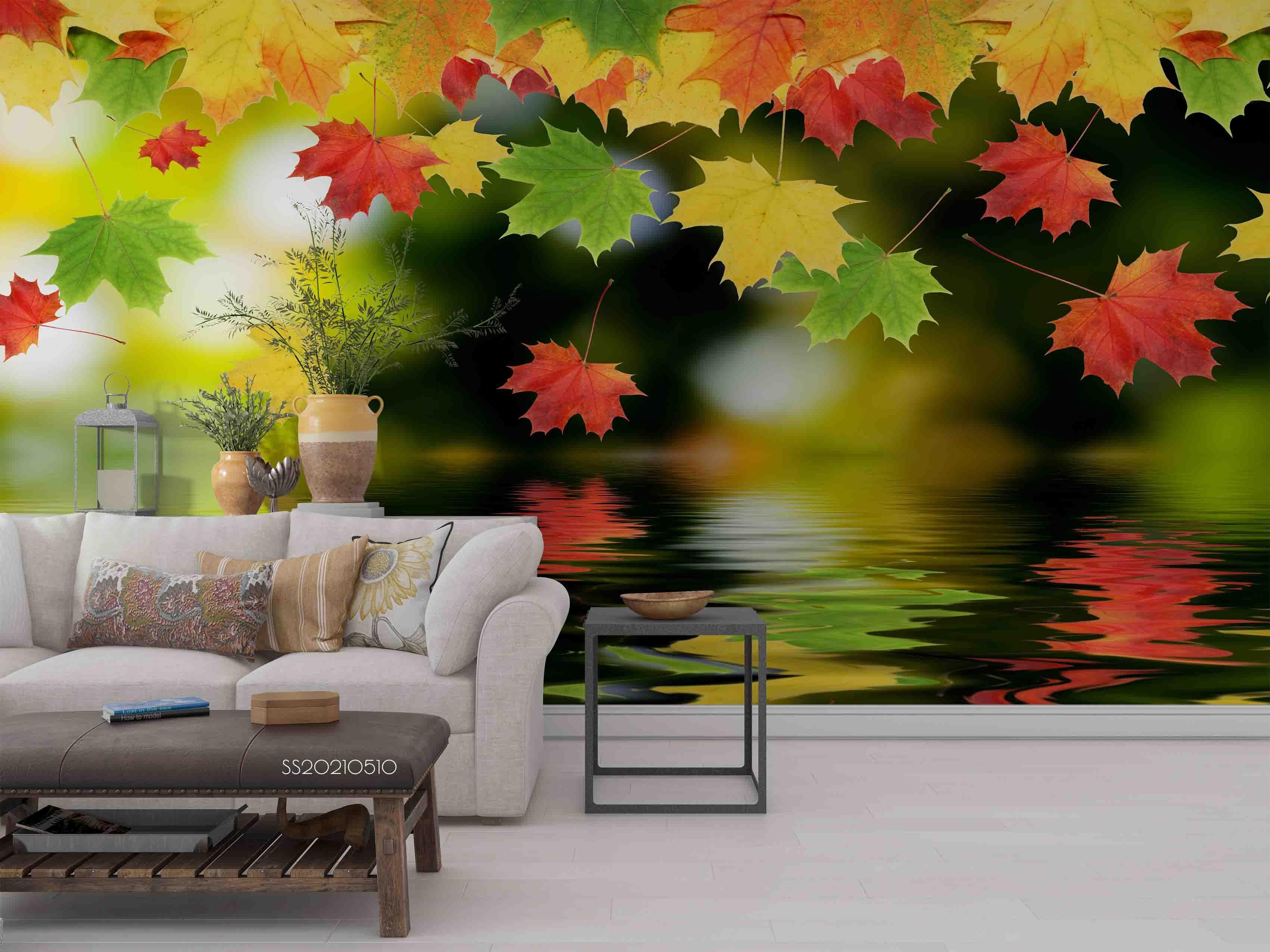 3D Lake Color Maple Leaf Wall Mural Wallpaper LQH 271- Jess Art Decoration