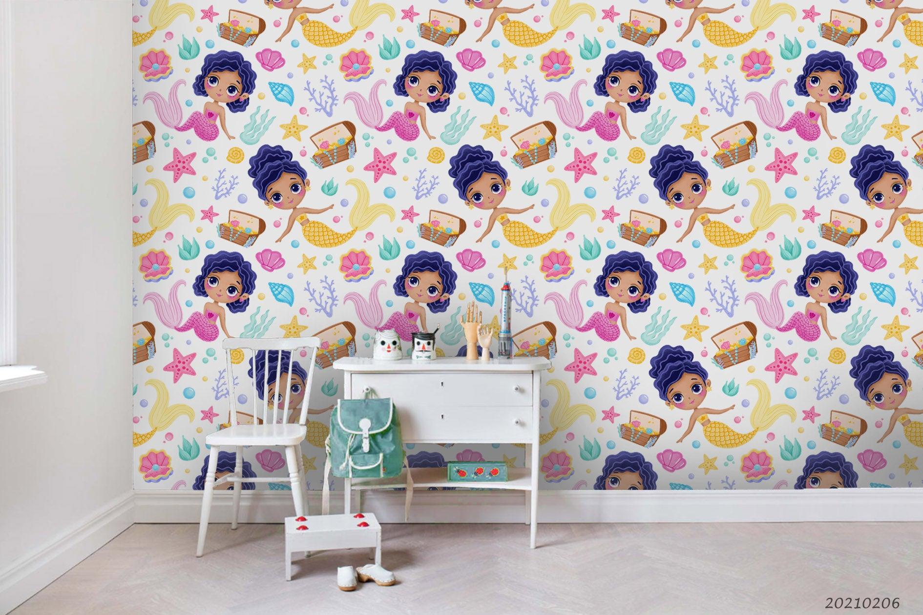 3D Cartoon Mermaid Shell Wall Mural Wallpaper LQH 257- Jess Art Decoration