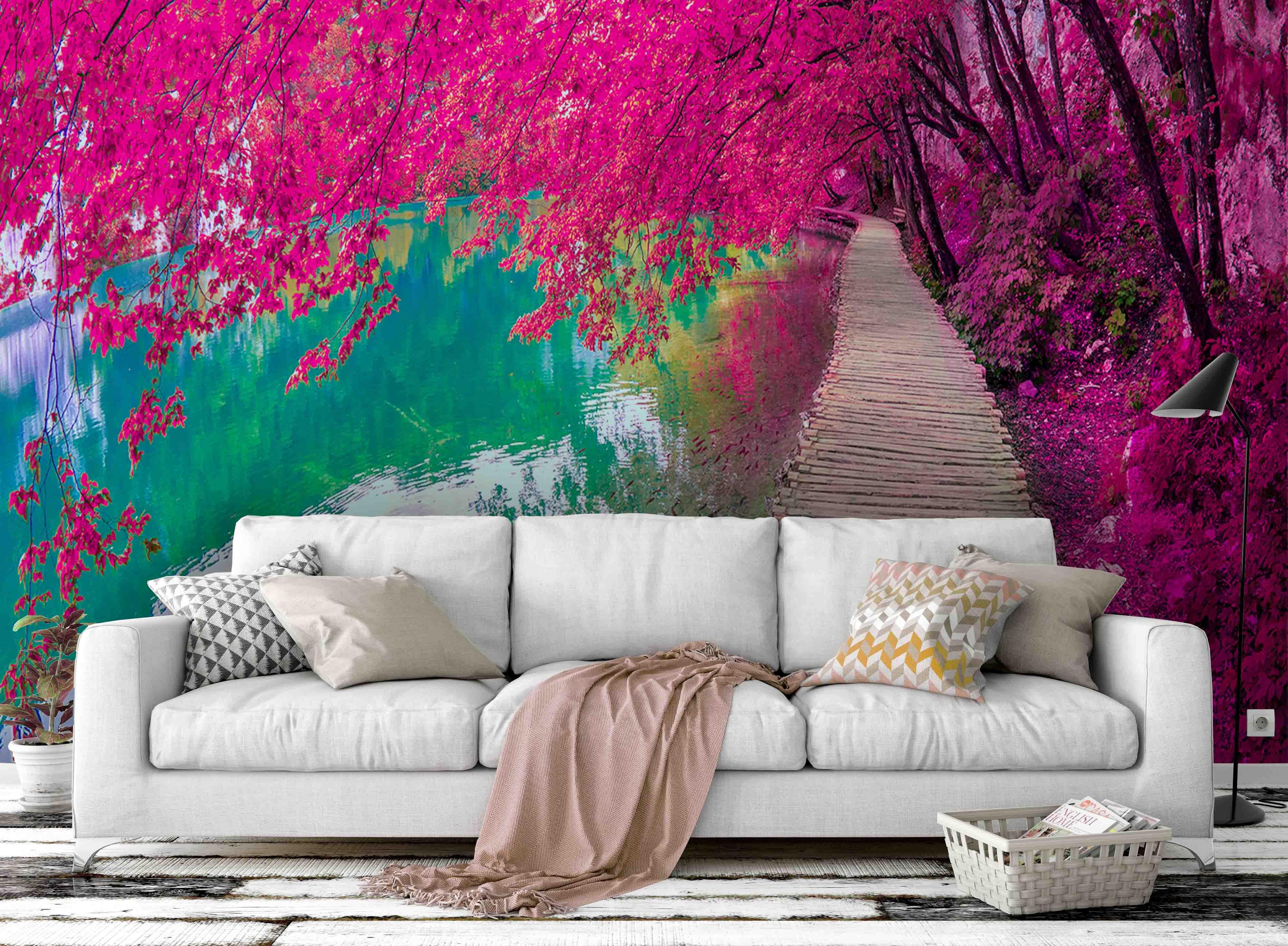 3D Wooden Walkway Forest Blossom River Wall Mural Wallpaper 90- Jess Art Decoration